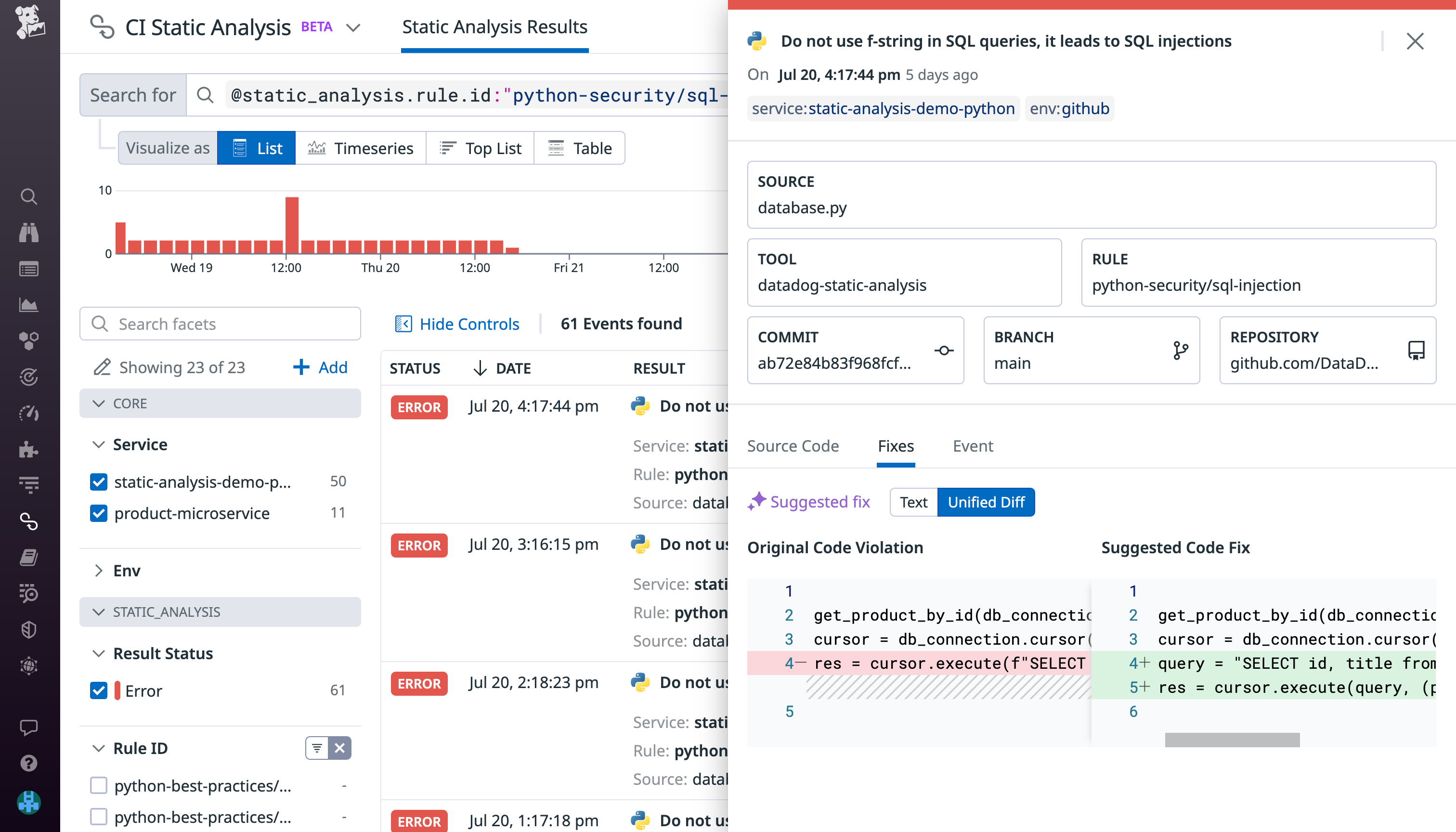 Quickly improve your code quality with AI-generated suggested fixes.
