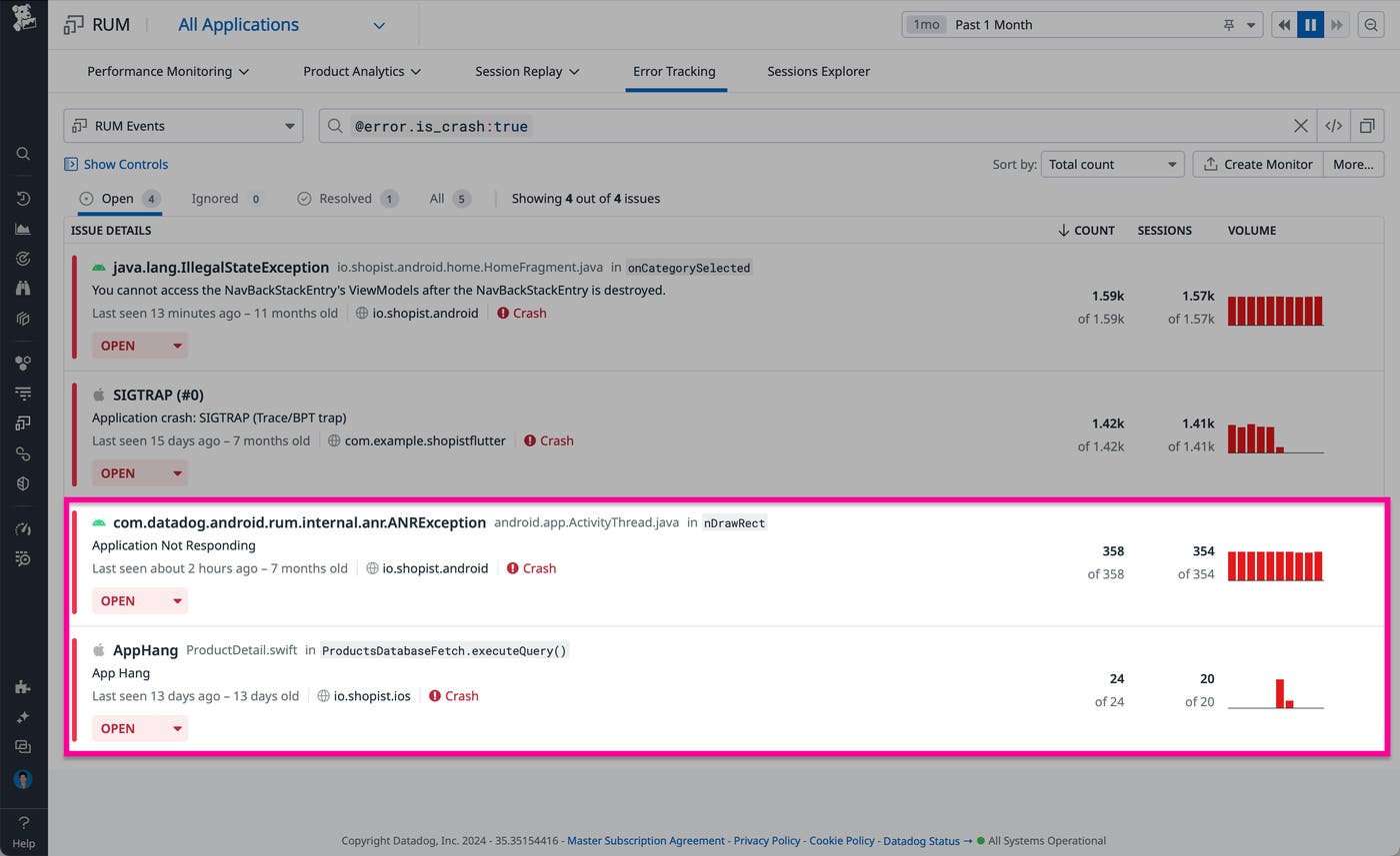 Get full visibility into mobile app crashes across OSes. Get full visibility into mobile app crashes across OSes.