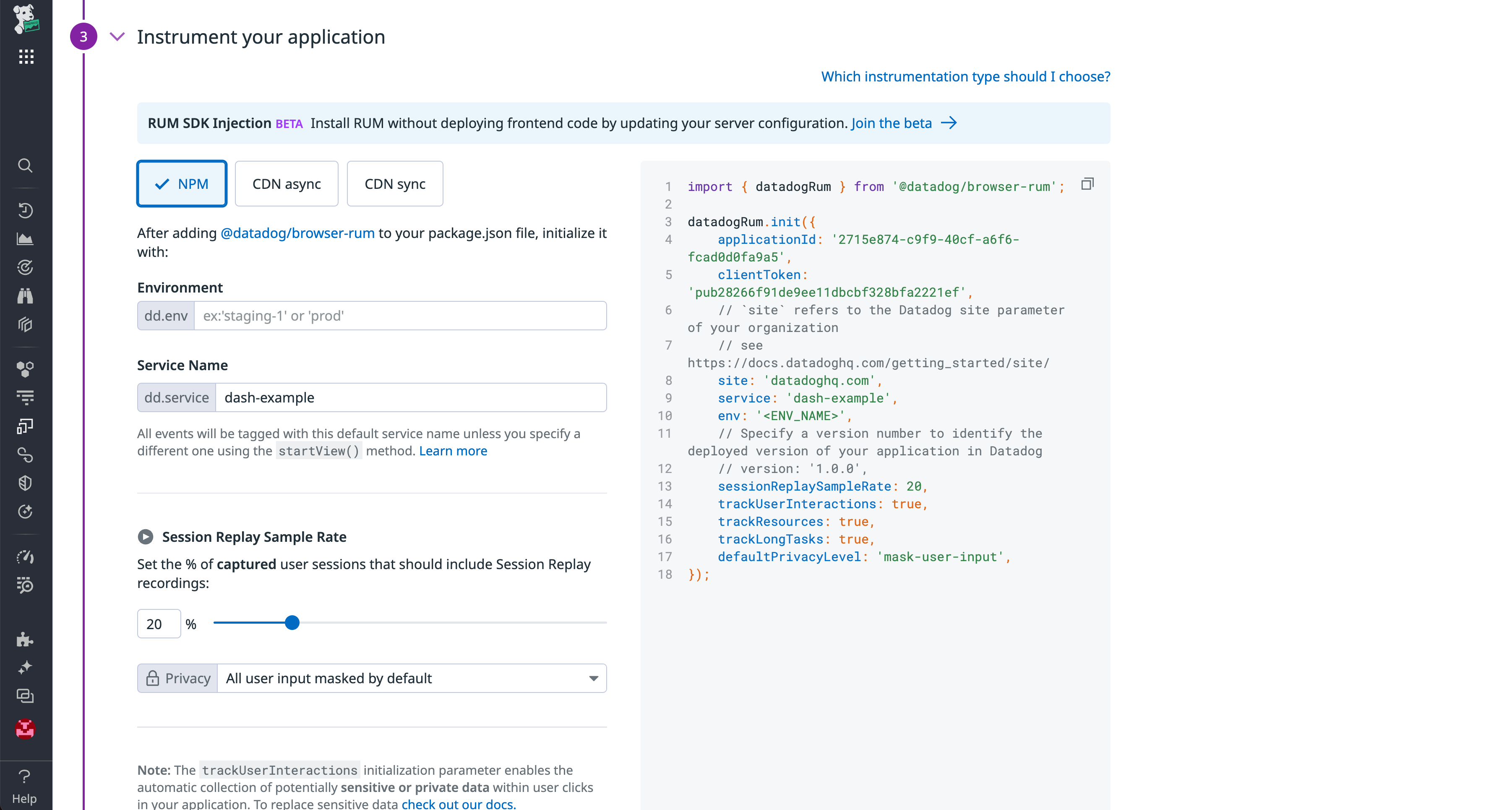 Datadog RUM browser SDK injection.