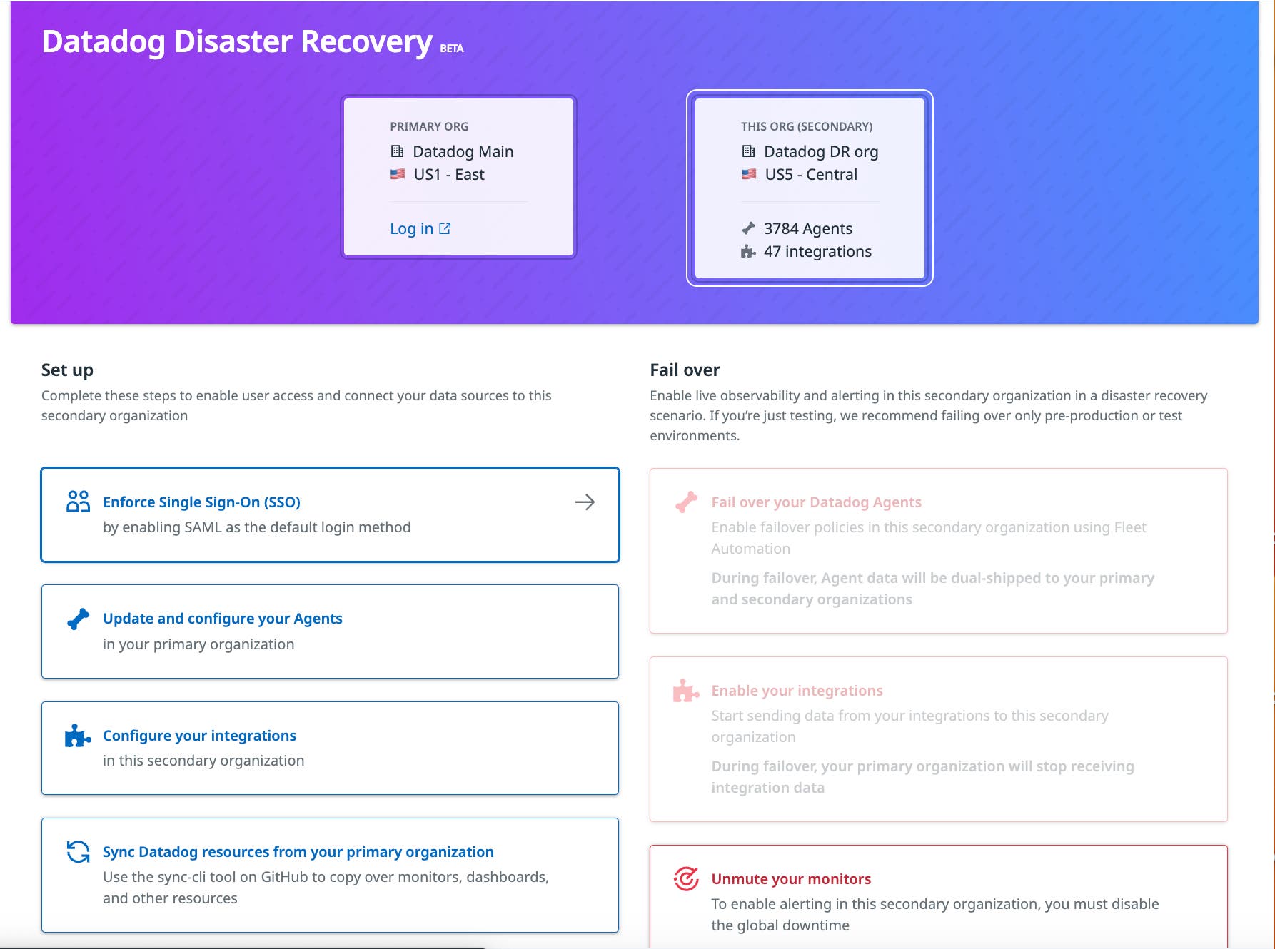 Ensure observability continuity in rare outage events with Datadog Disaster Recovery. Ensure observability continuity in rare outage events with Datadog Disaster Recovery.