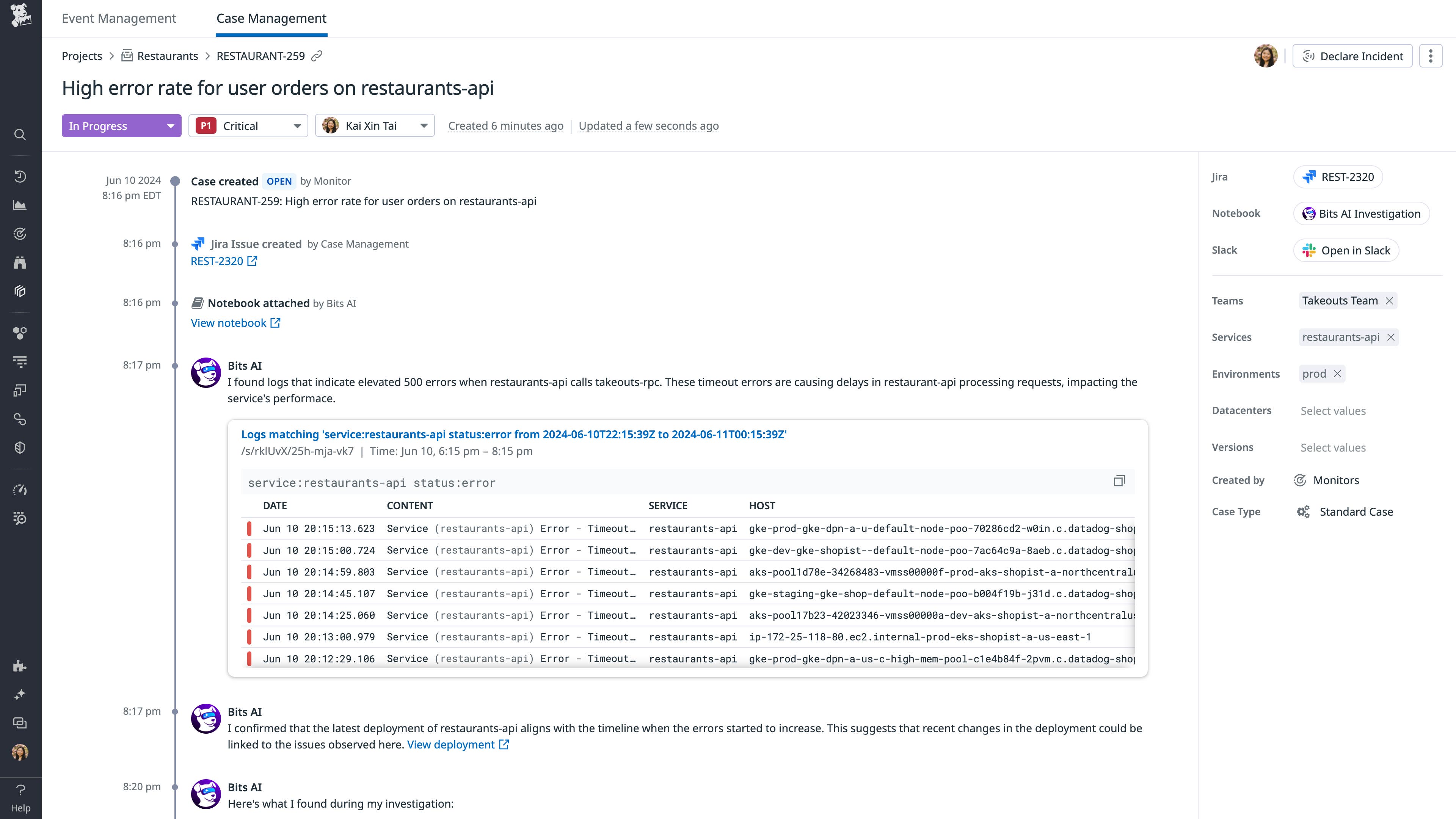 Bits AI performing autonomous activity in case management Bits AI performing autonomous activity in case management