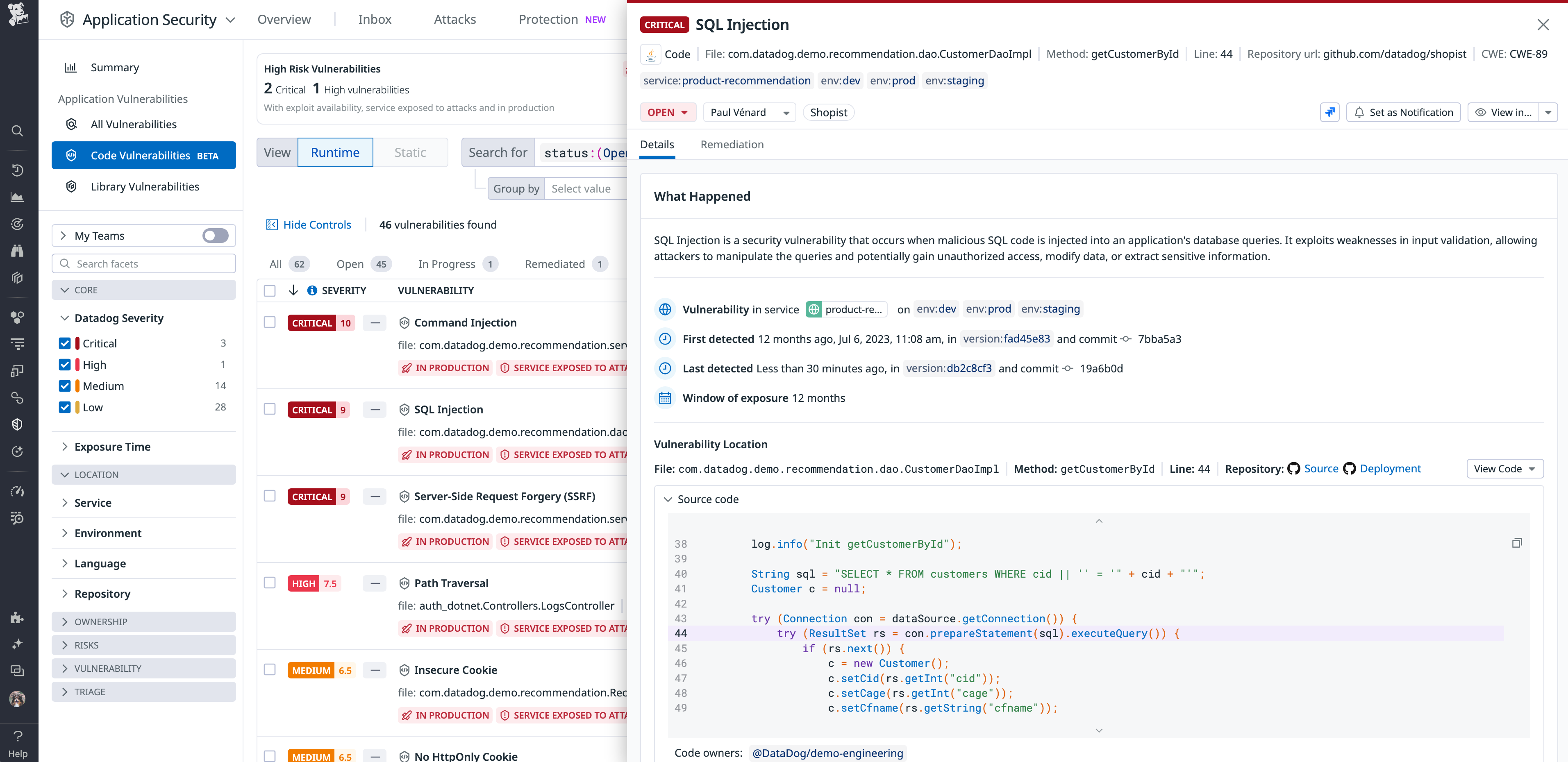 Datadog Code Security automatically detects code-level vulnerabilities in production
