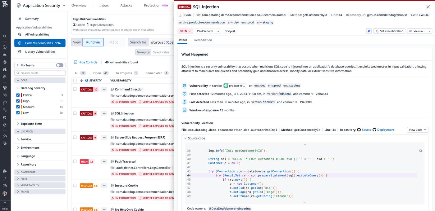 Datadog Code Security automatically detects code-level vulnerabilities in production Datadog Code Security automatically detects code-level vulnerabilities in production
