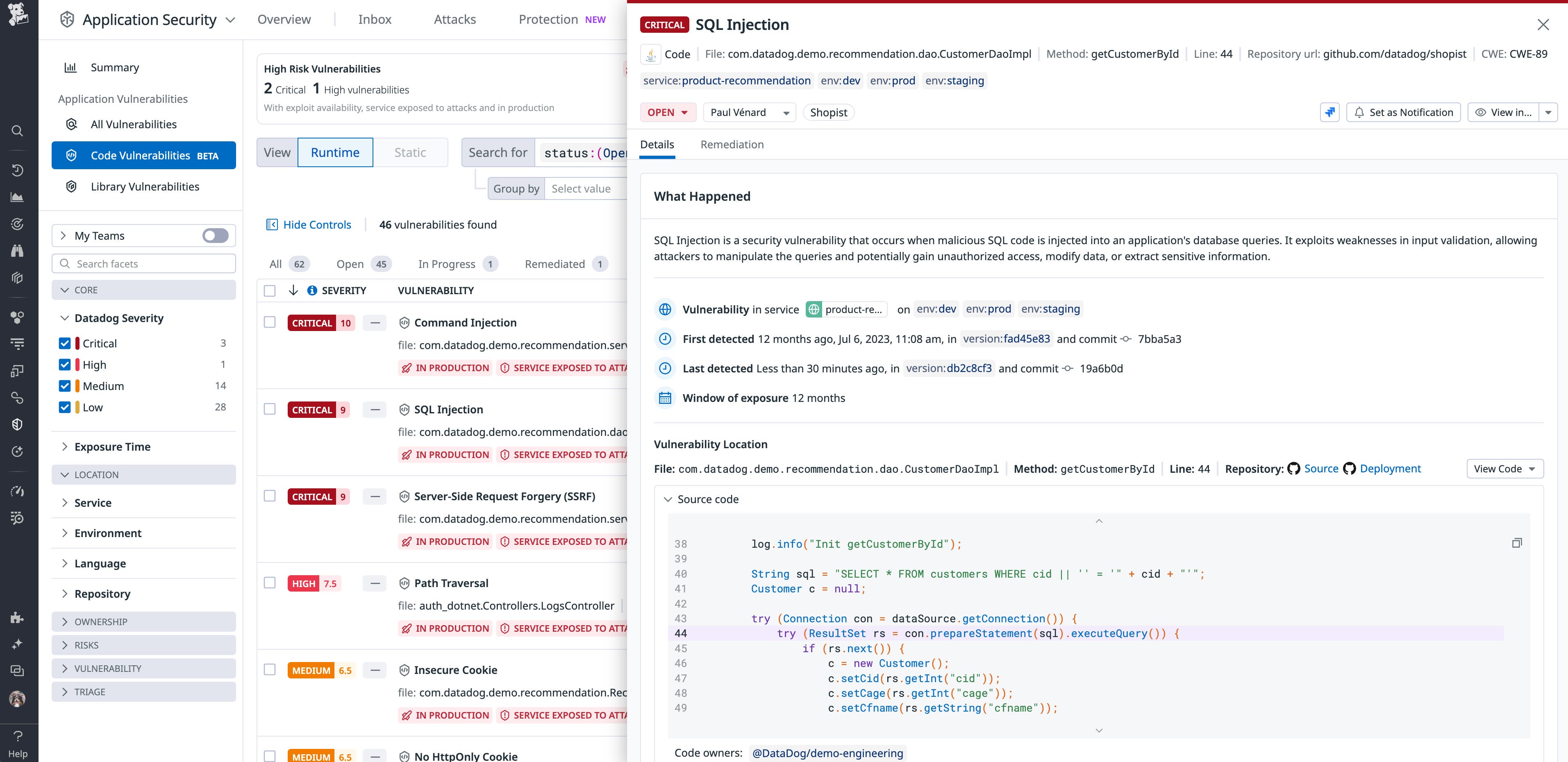 Datadog Code Security automatically detects code-level vulnerabilities in production Datadog Code Security automatically detects code-level vulnerabilities in production