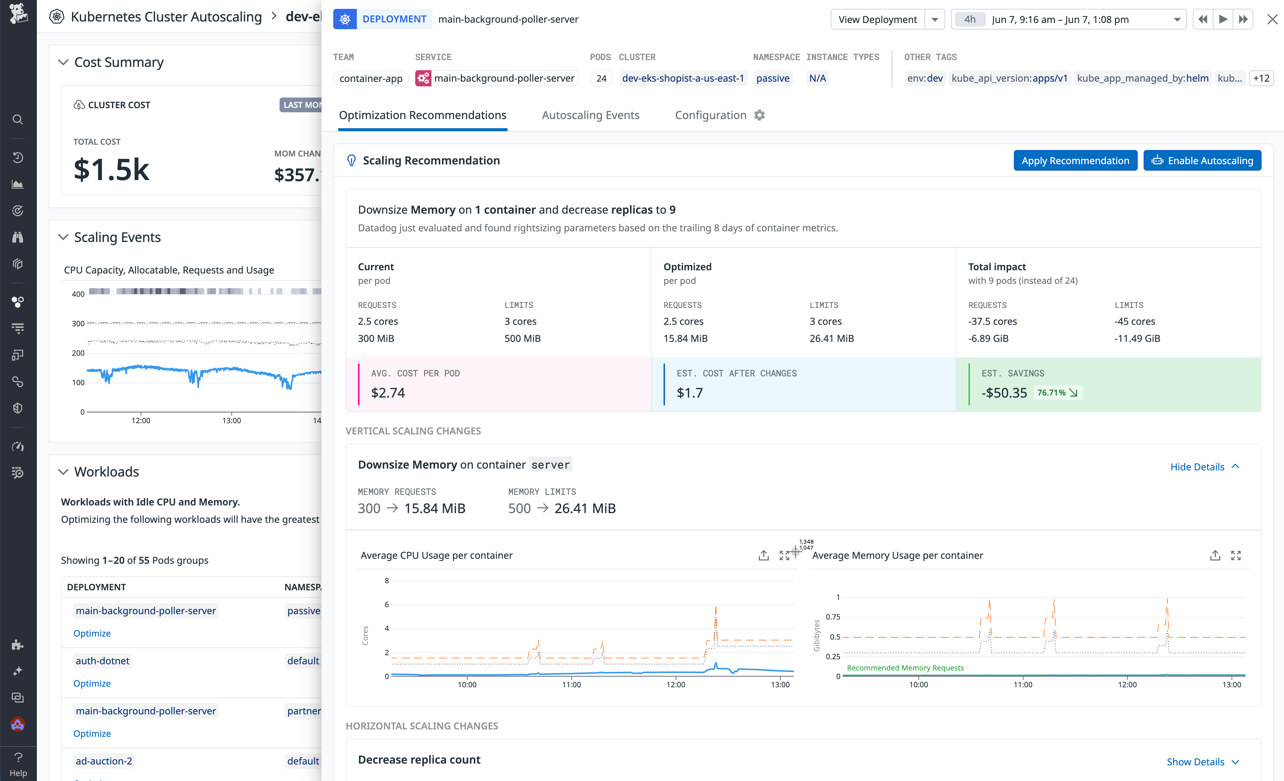Optimization recommendations for a Kubernetes cluster displayed alongside cost and memory metrics.