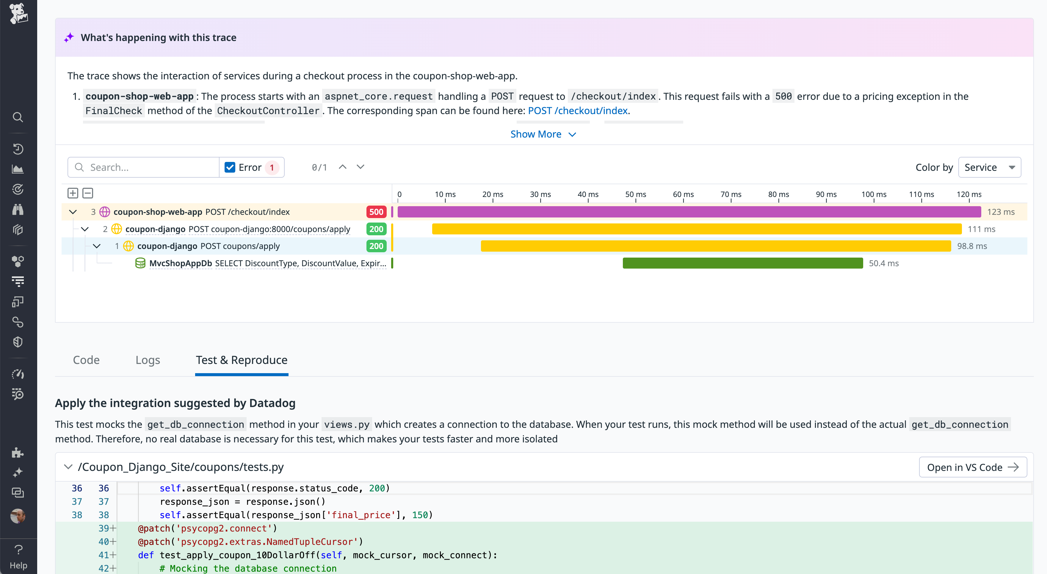 A screenshot of the Live Debugging feature shows the summary of an error, a flame graph, and an automatically generated integration test.