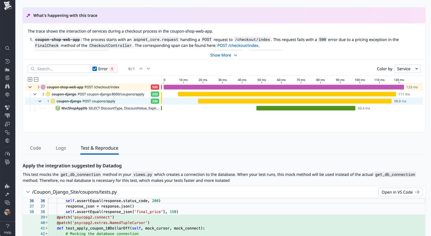A screenshot of the Live Debugging feature shows the summary of an error, a flame graph, and an automatically generated integration test. A screenshot of the Live Debugging feature shows the summary of an error, a flame graph, and an automatically generated integration test.