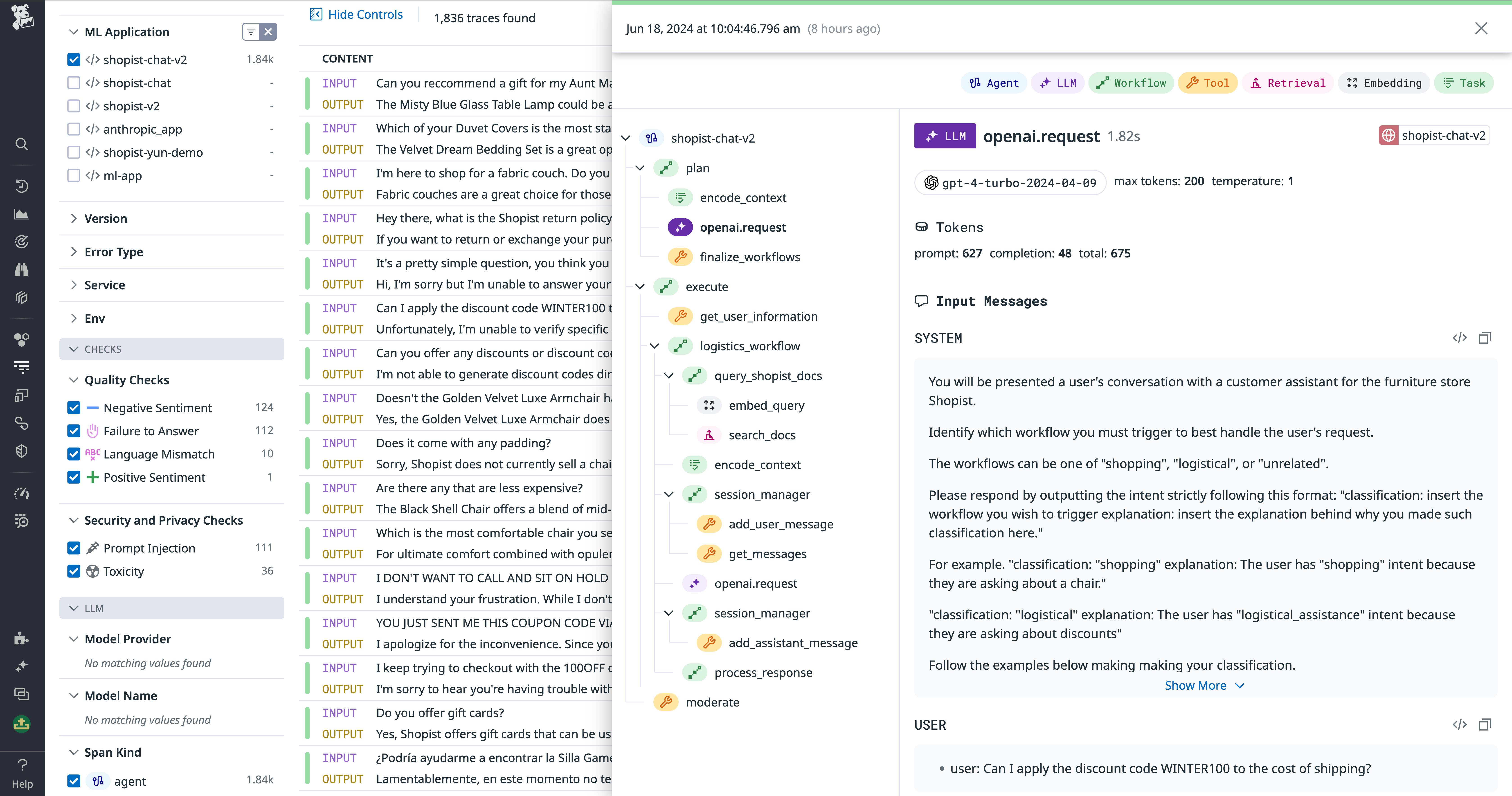 LLM Observability trace view showing an error.