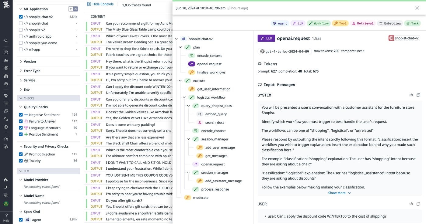 LLM Observability trace view showing an error. LLM Observability trace view showing an error.