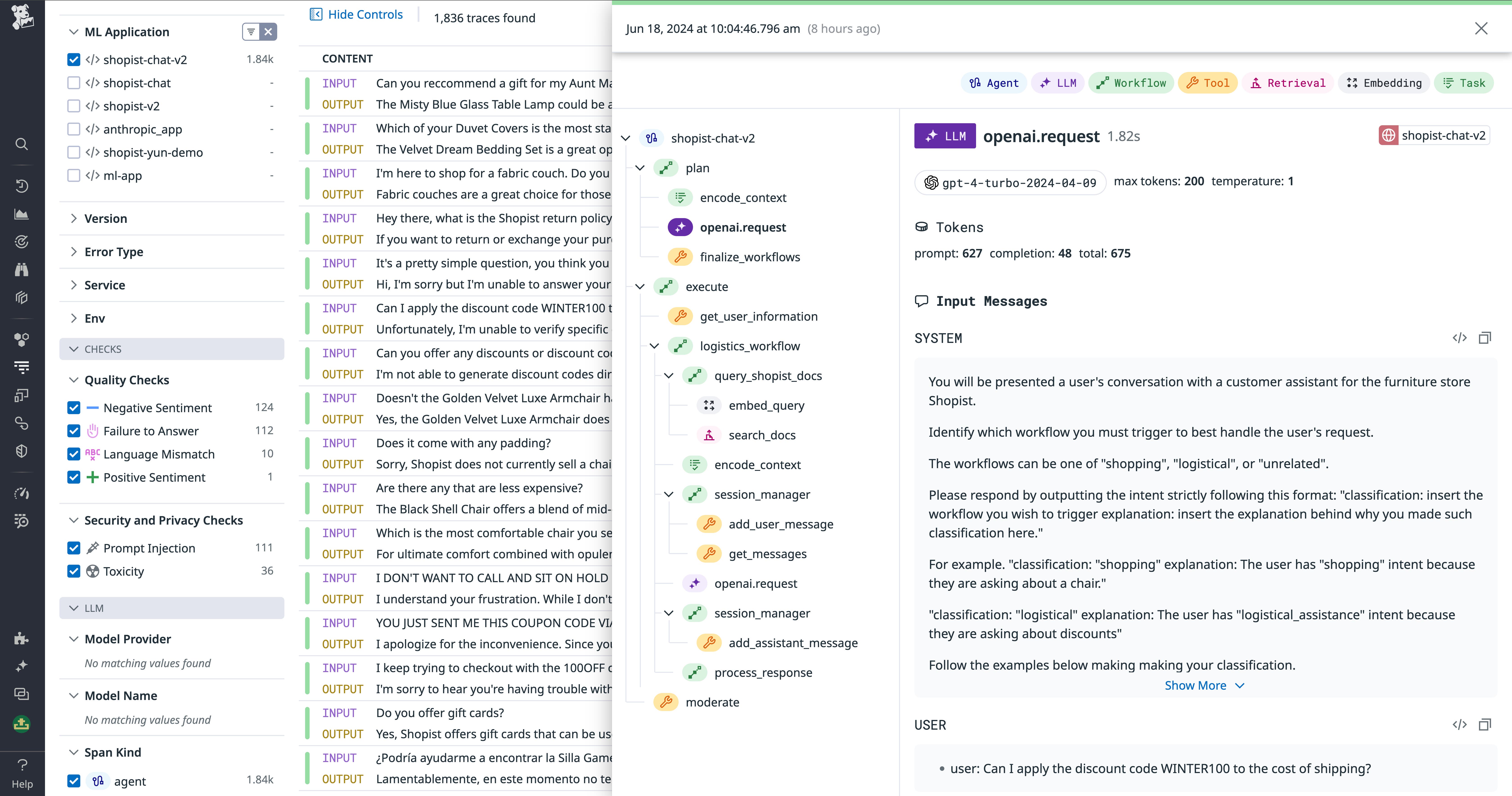 LLM Observability trace view showing an error. LLM Observability trace view showing an error.