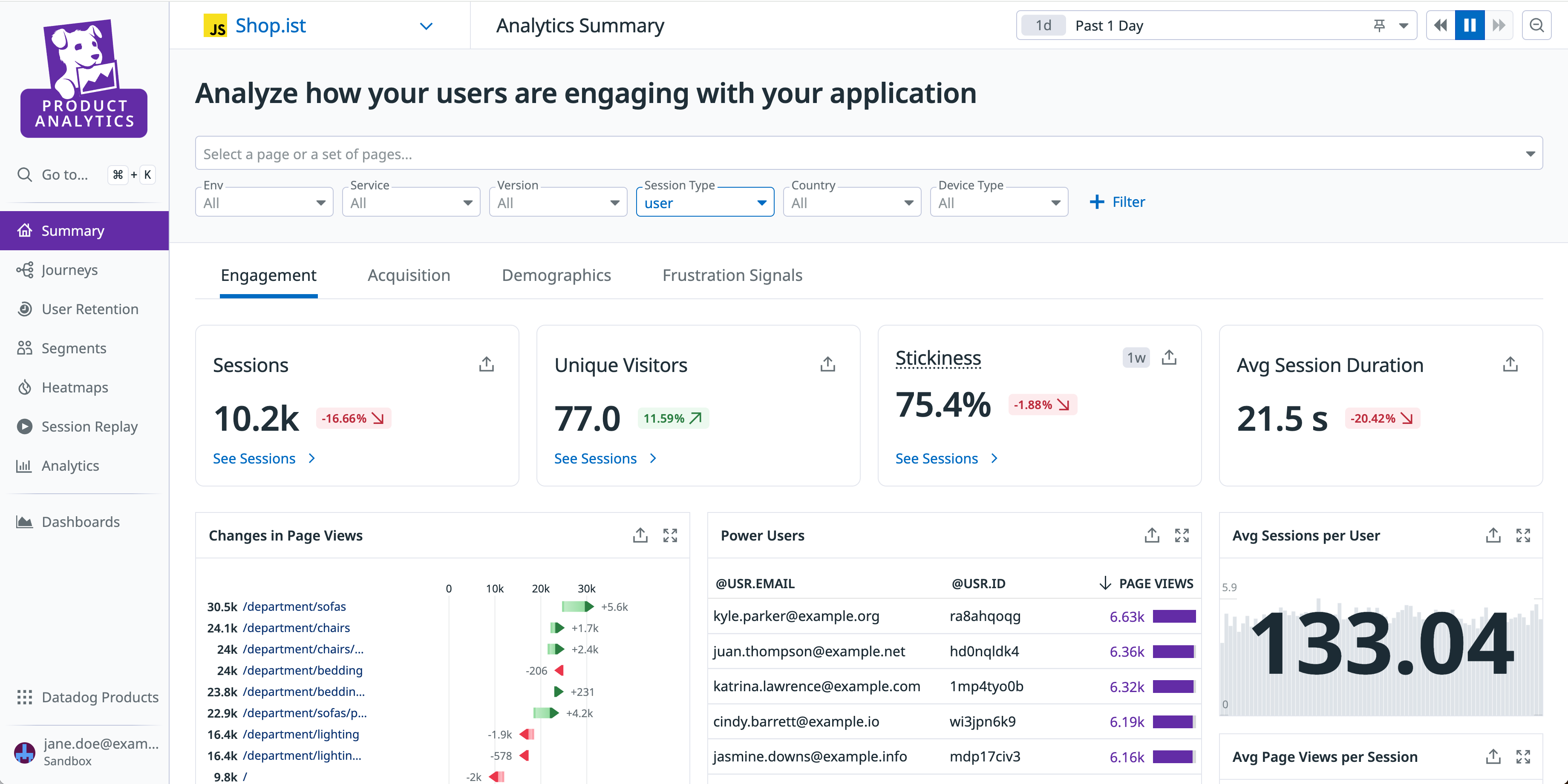 The summary page in Product Analytics, with the sidebar expanded to show the other Product Analytics features.