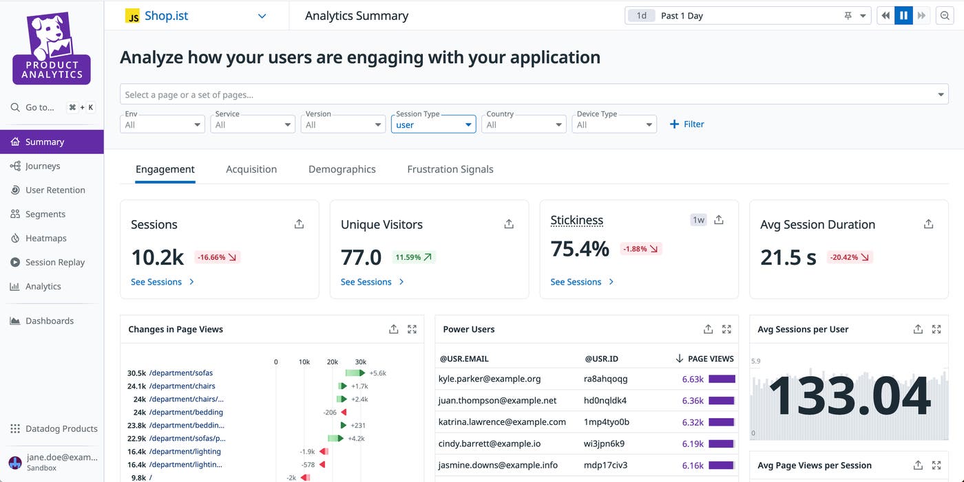 The summary page in Product Analytics, with the sidebar expanded to show the other Product Analytics features. The summary page in Product Analytics, with the sidebar expanded to show the other Product Analytics features.