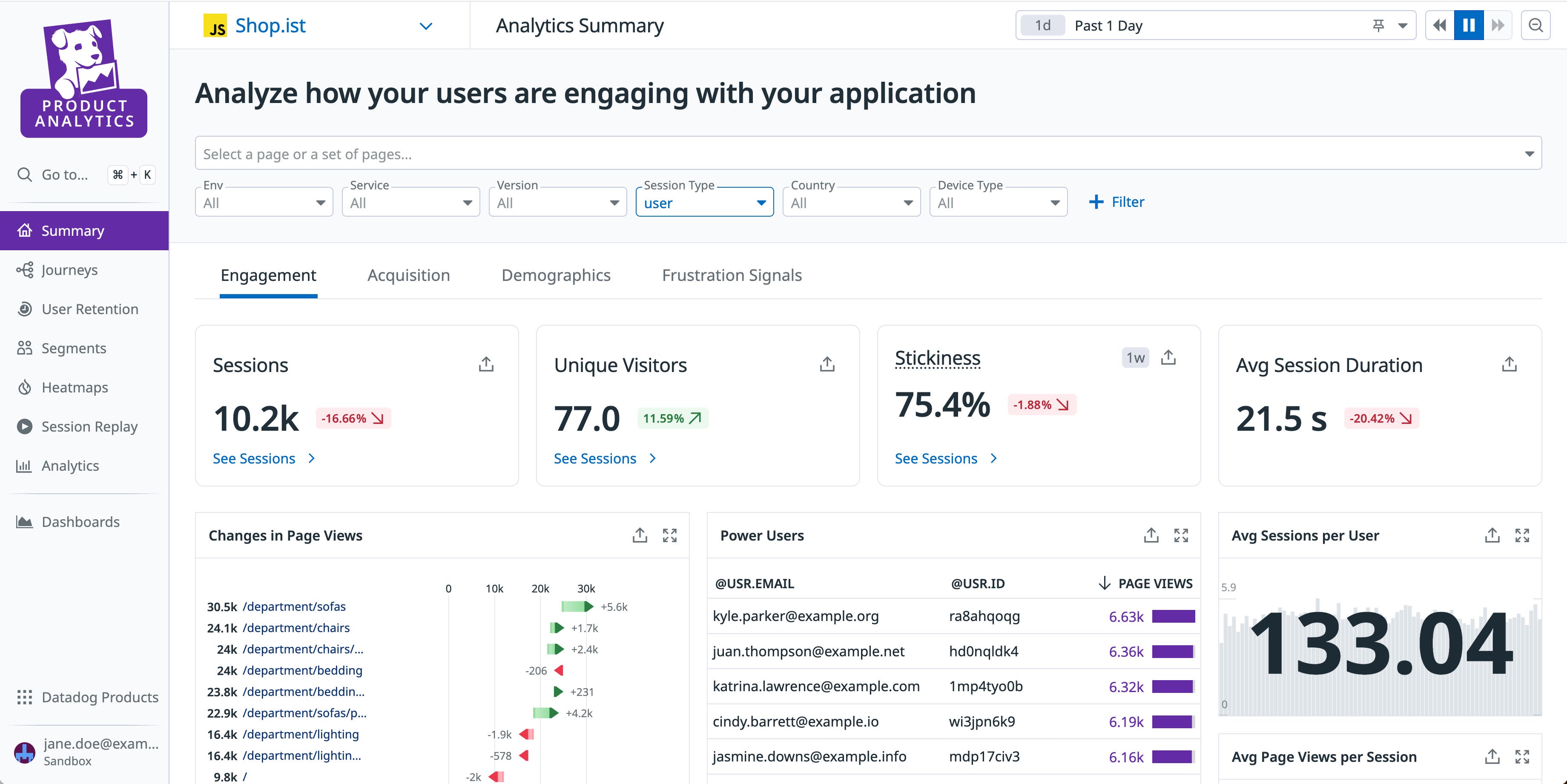 The summary page in Product Analytics, with the sidebar expanded to show the other Product Analytics features. The summary page in Product Analytics, with the sidebar expanded to show the other Product Analytics features.