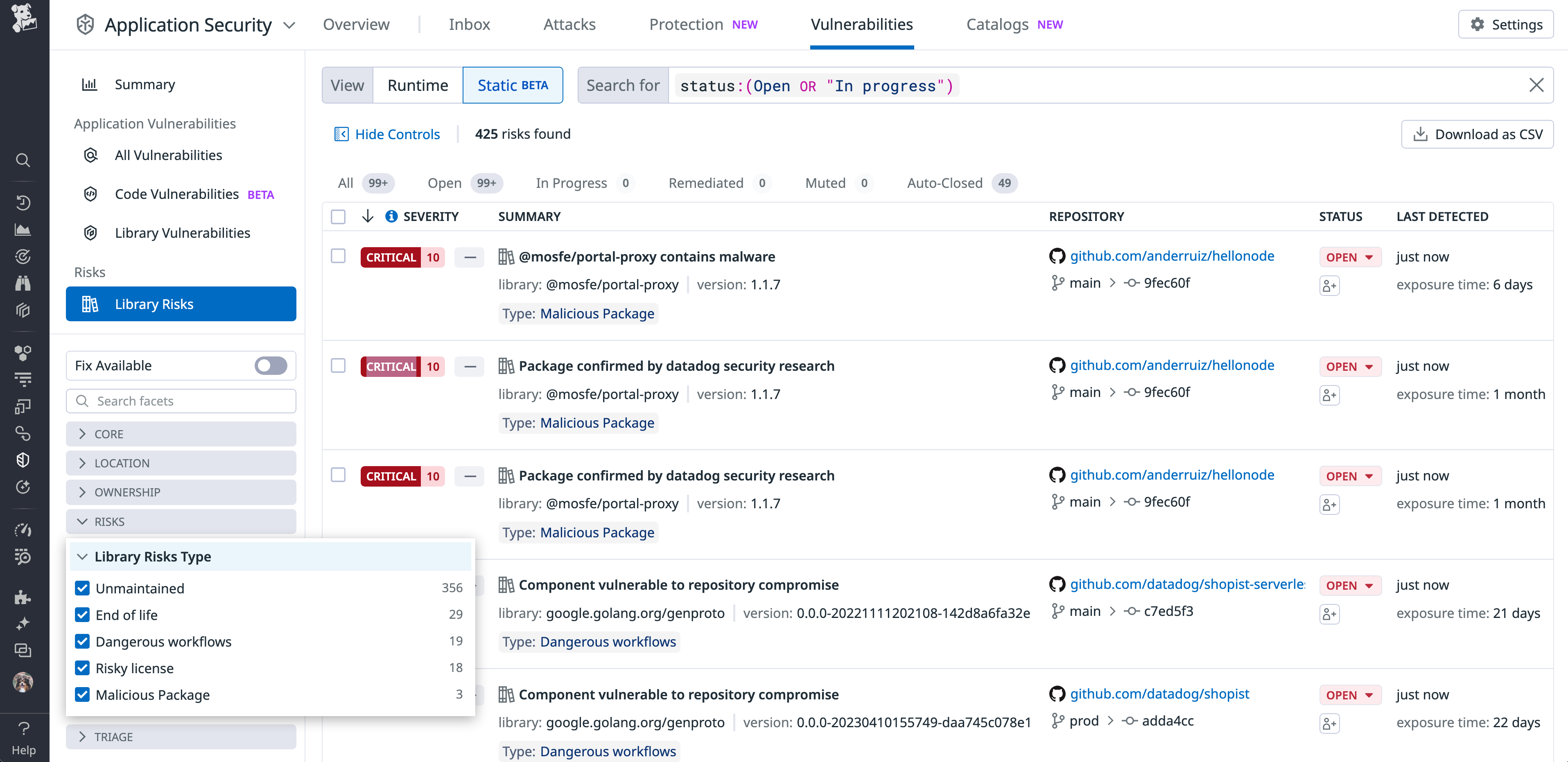 Datadog SCA Library Risks