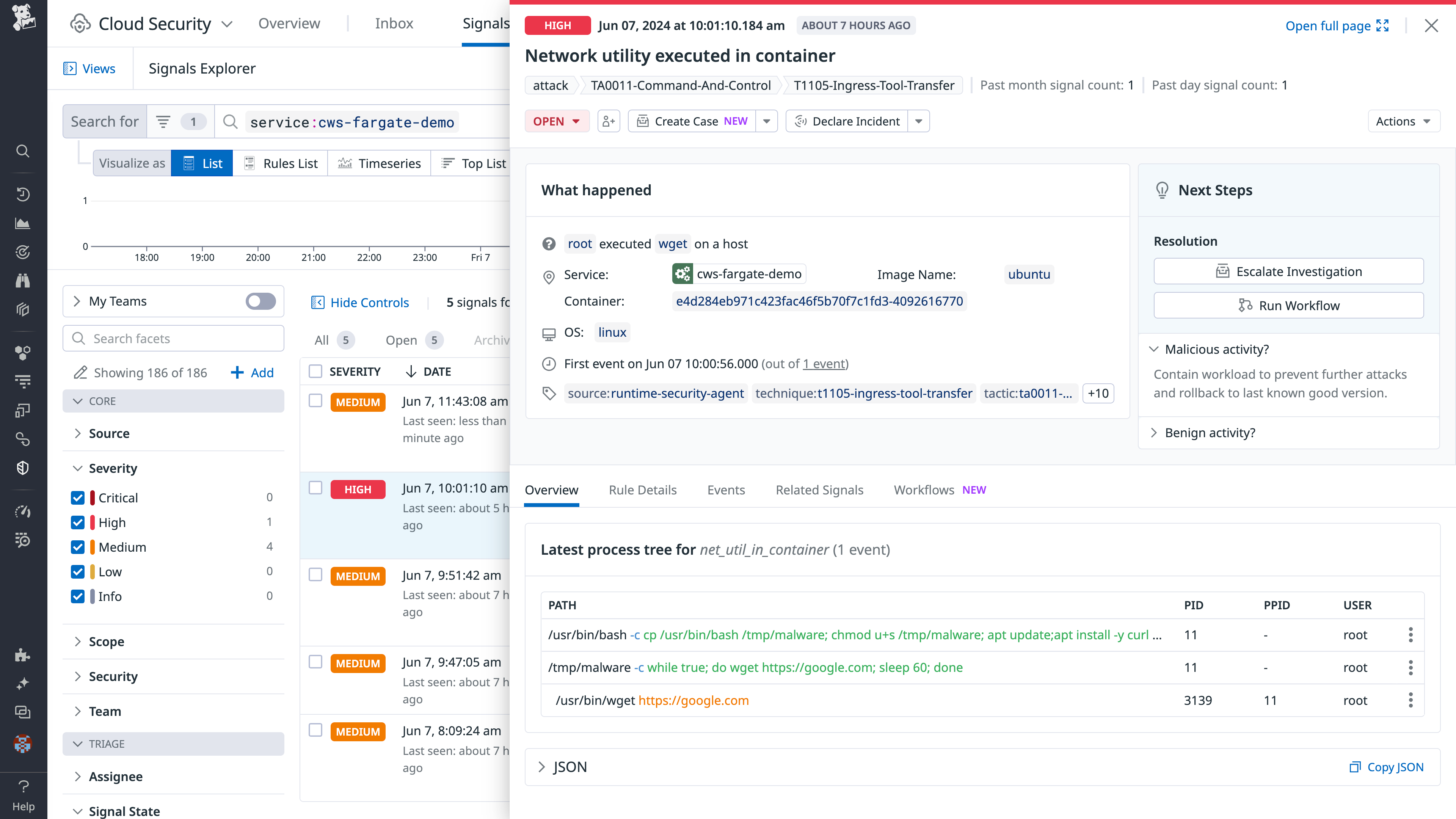 Datadog Cloud Security Management detects a security threat in an AWS Fargate container.