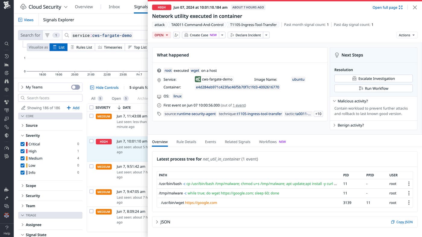 Datadog Cloud Security Management detects a security threat in an AWS Fargate container. Datadog Cloud Security Management detects a security threat in an AWS Fargate container.