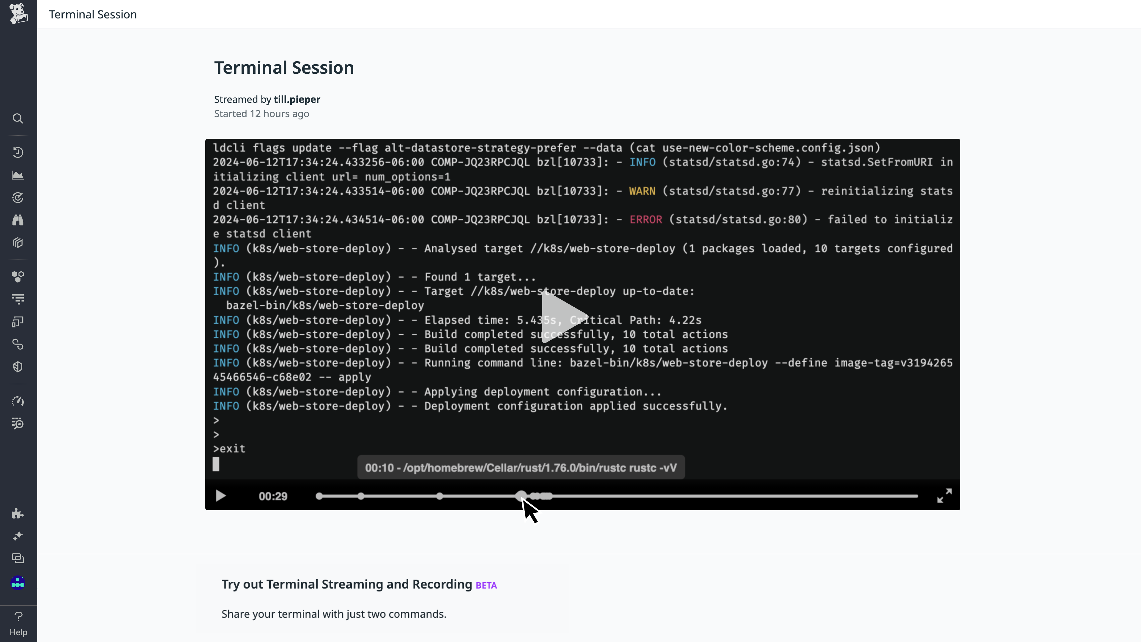 Stream, record, and search terminal sessions with Datadog CoTerm