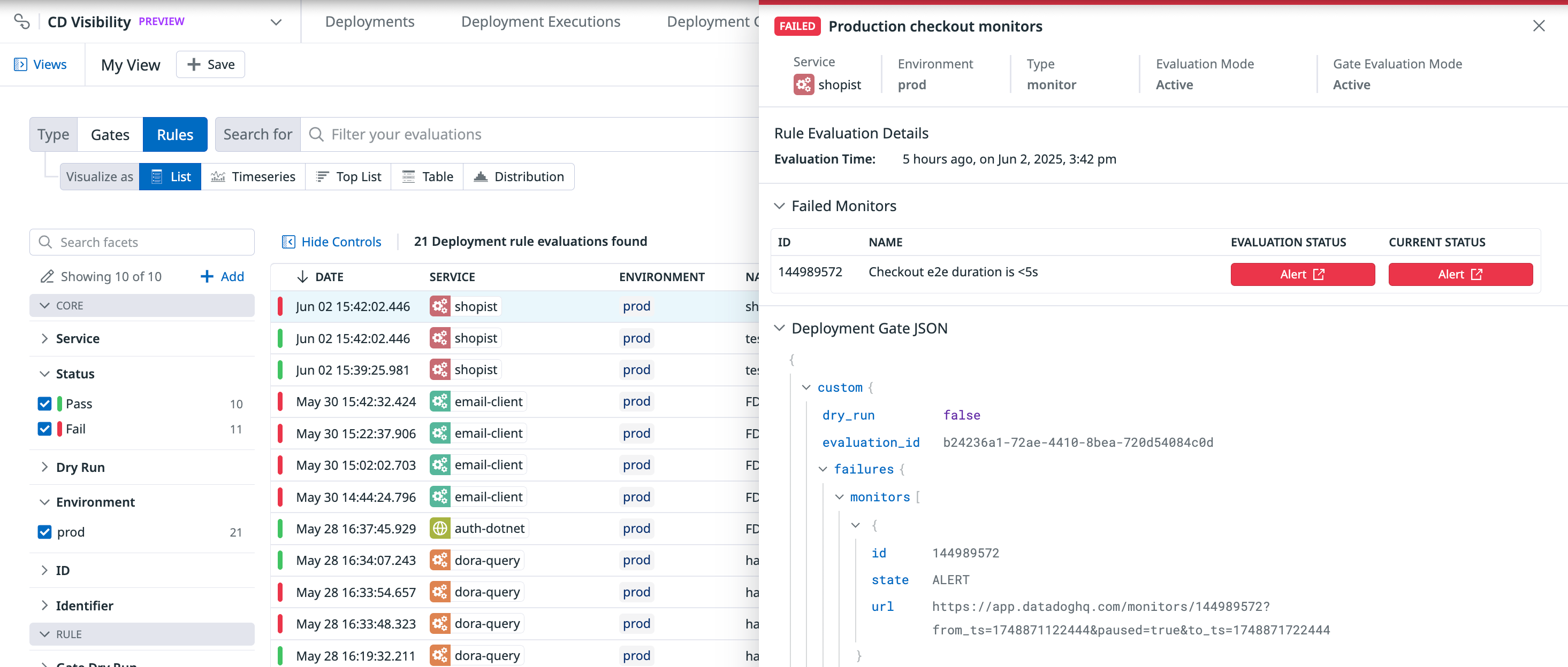Production monitor with deployment quality rule in Datadog CD Visibility