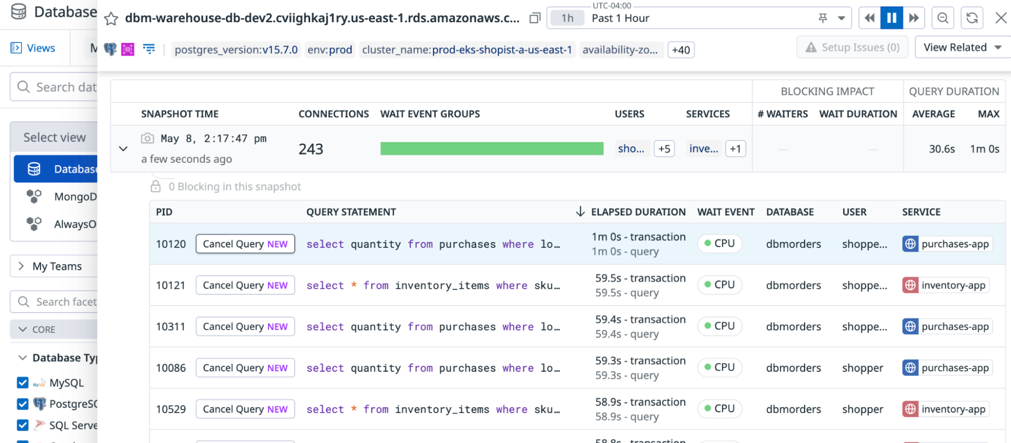 Cancel Queries in Database Monitoring.