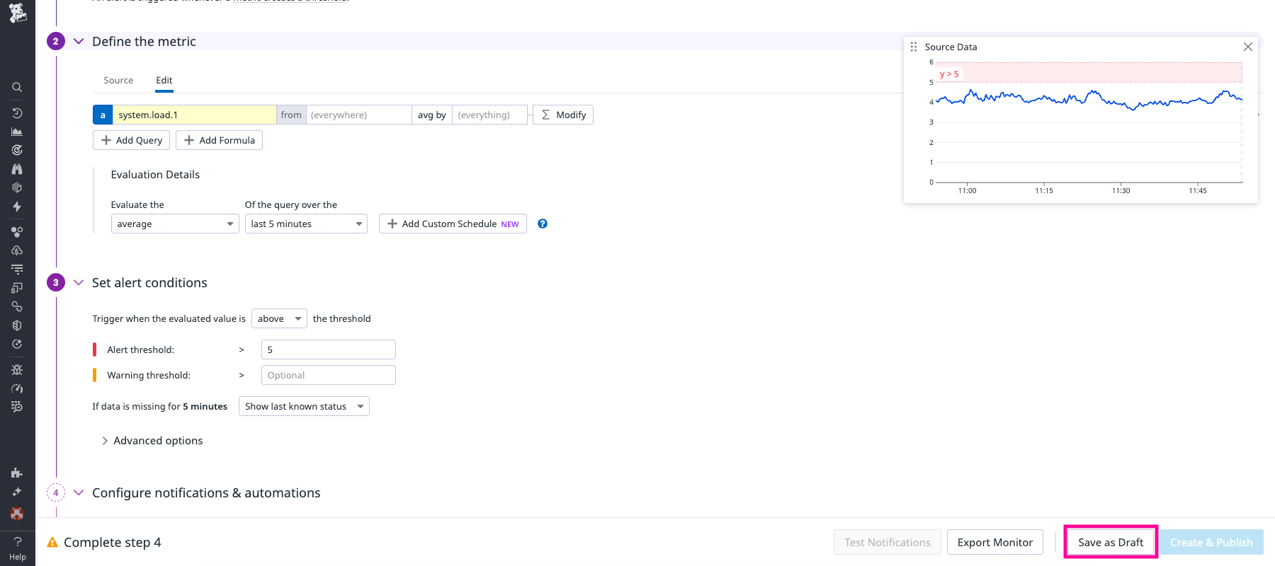 Monitor configuration page shows a Save as Draft option.