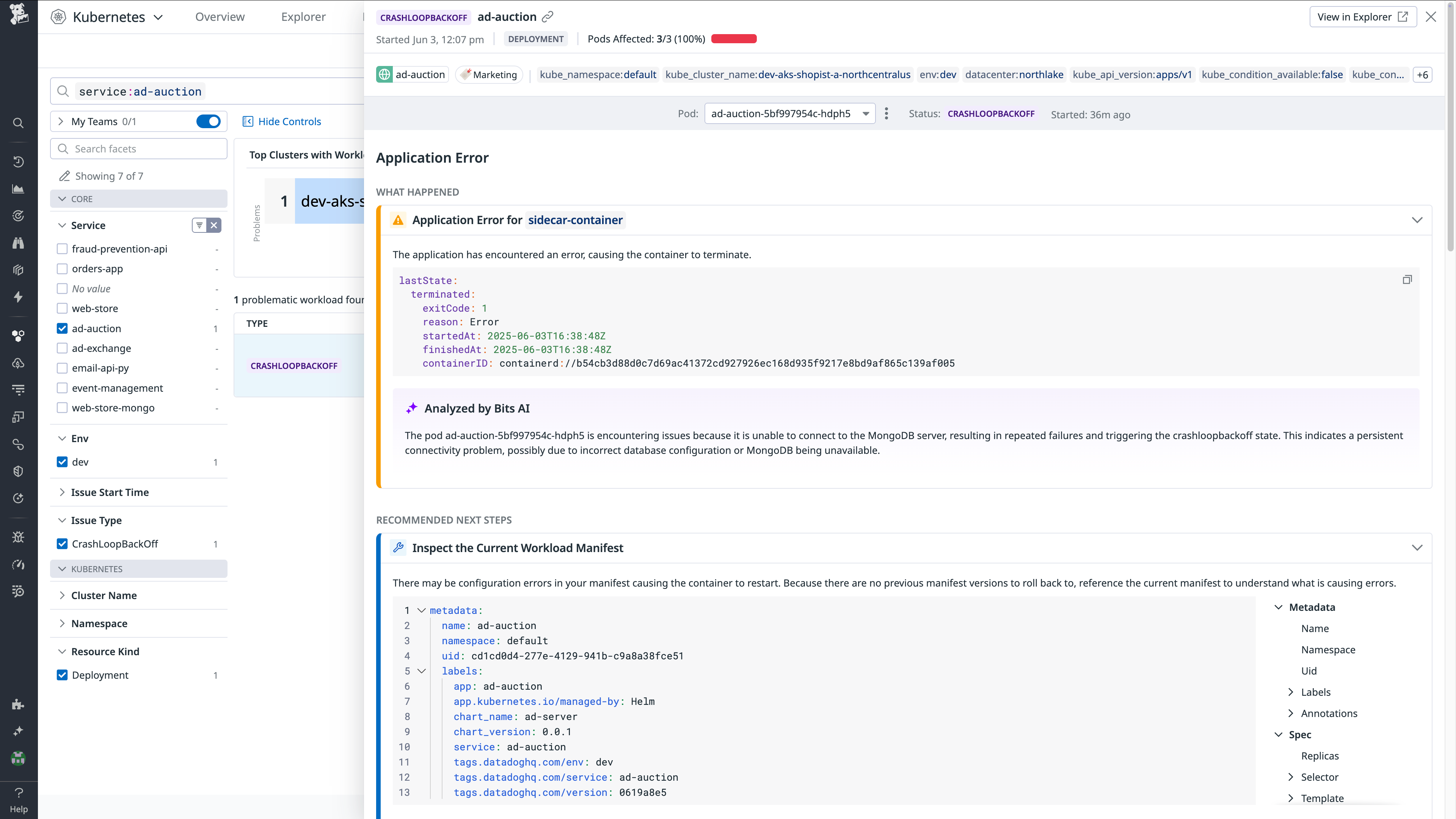 Information about an application error. The screen shows what happened, analysis from Bits AI, and recommended next steps.