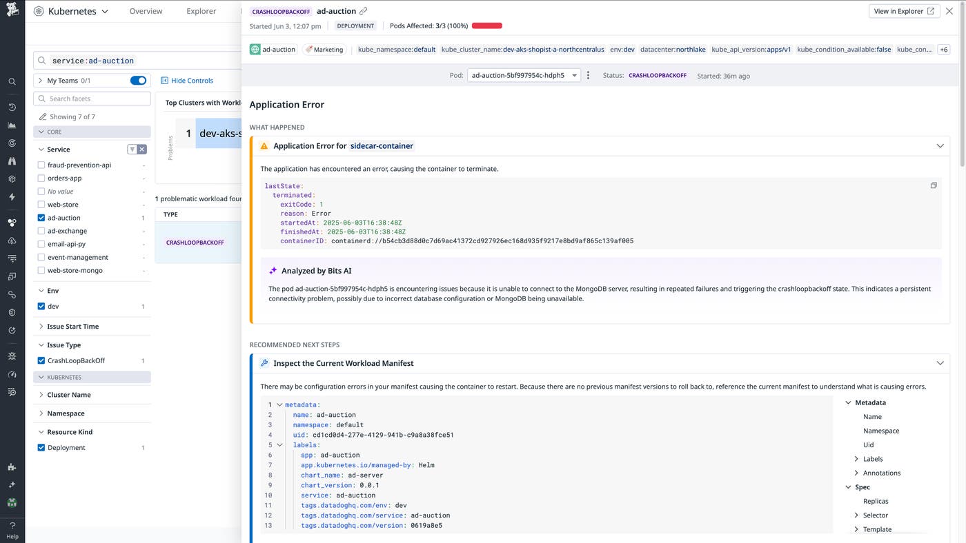 Information about an application error. The screen shows what happened, analysis from Bits AI, and recommended next steps. Information about an application error. The screen shows what happened, analysis from Bits AI, and recommended next steps.