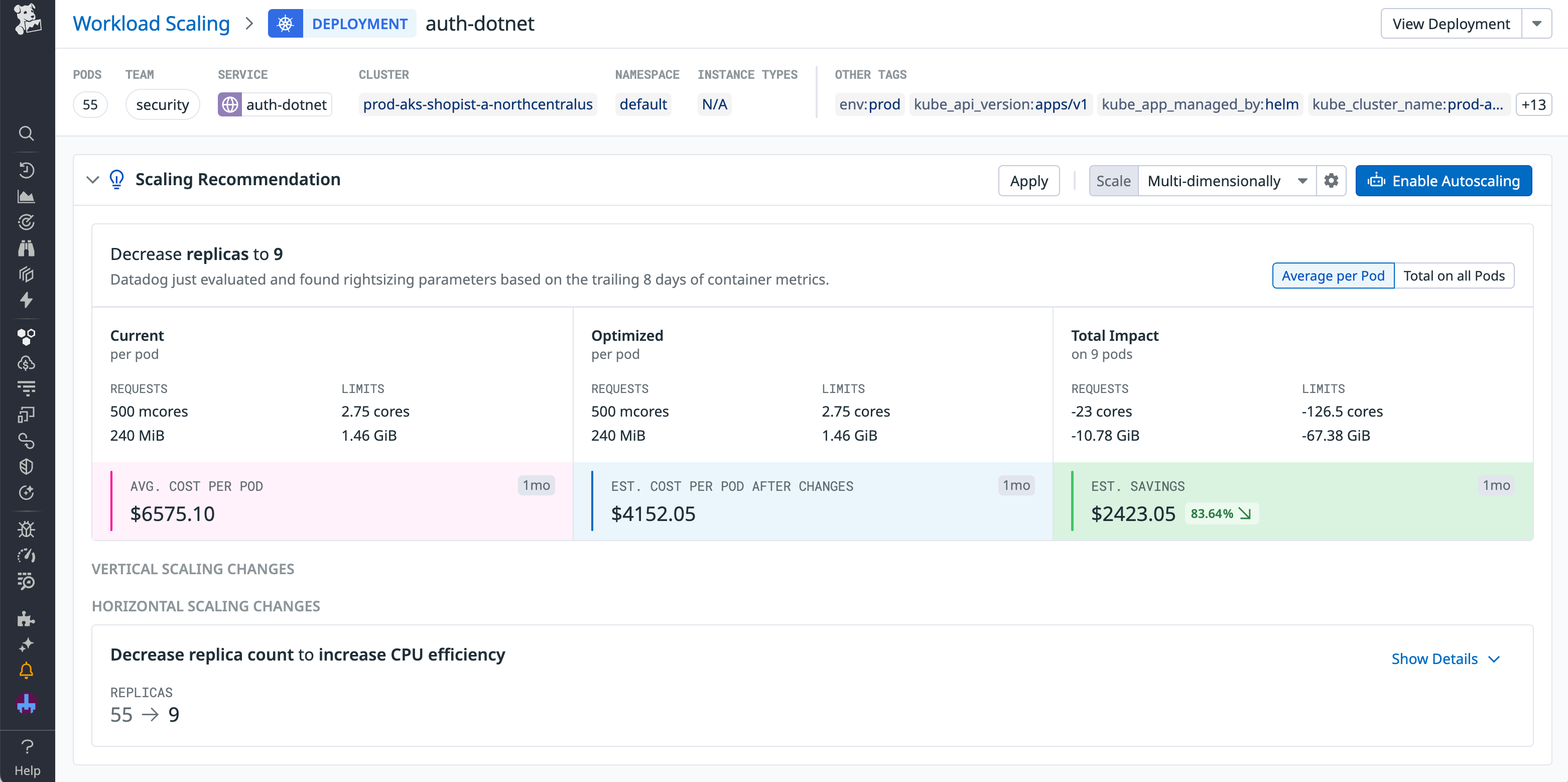 Scaling recommendations for a Kubernetes workload, with the estimated cost savings displayed