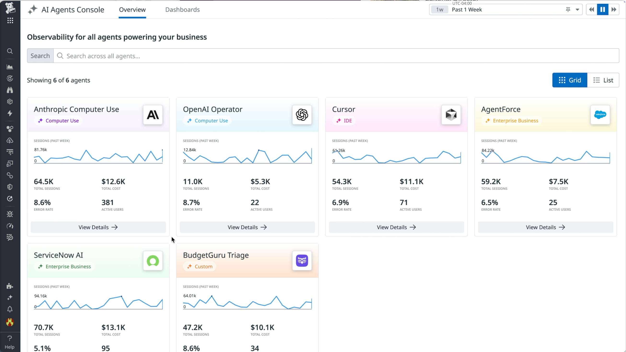 AI Agents Console showing performance data across several different AI agents.