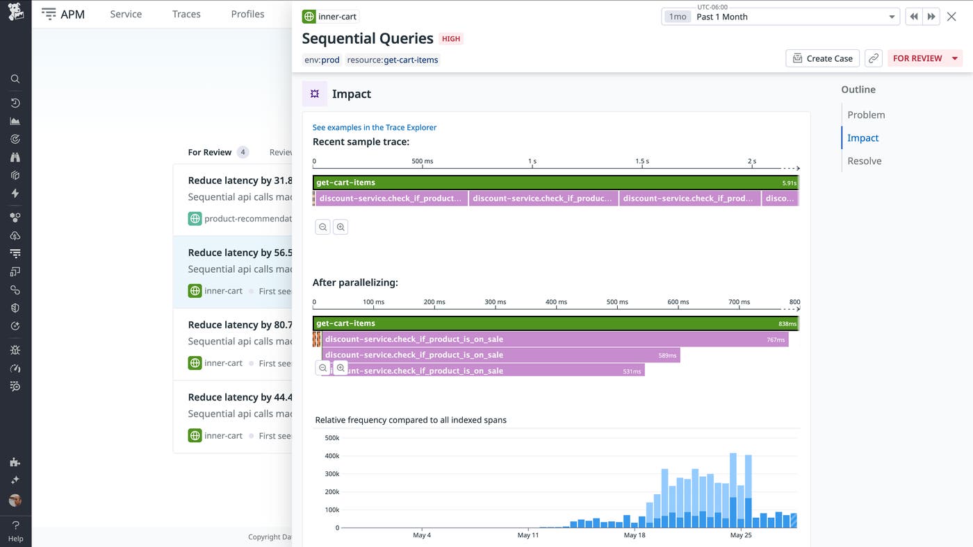 Proactive App Recommendations interface showing a performance issue caused by sequential API calls, with visualizations of trace data, latency impact, and a proposed code fix. Proactive App Recommendations interface showing a performance issue caused by sequential API calls, with visualizations of trace data, latency impact, and a proposed code fix.