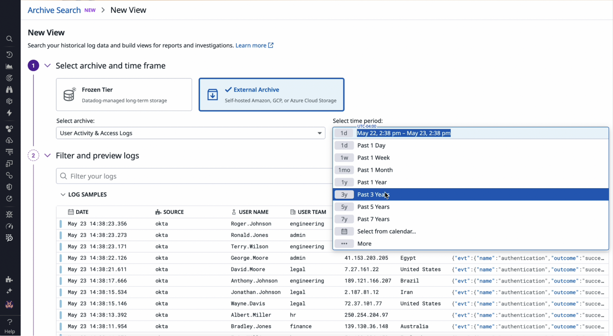 Query logs stored in long-term storage without rehydrating them.
