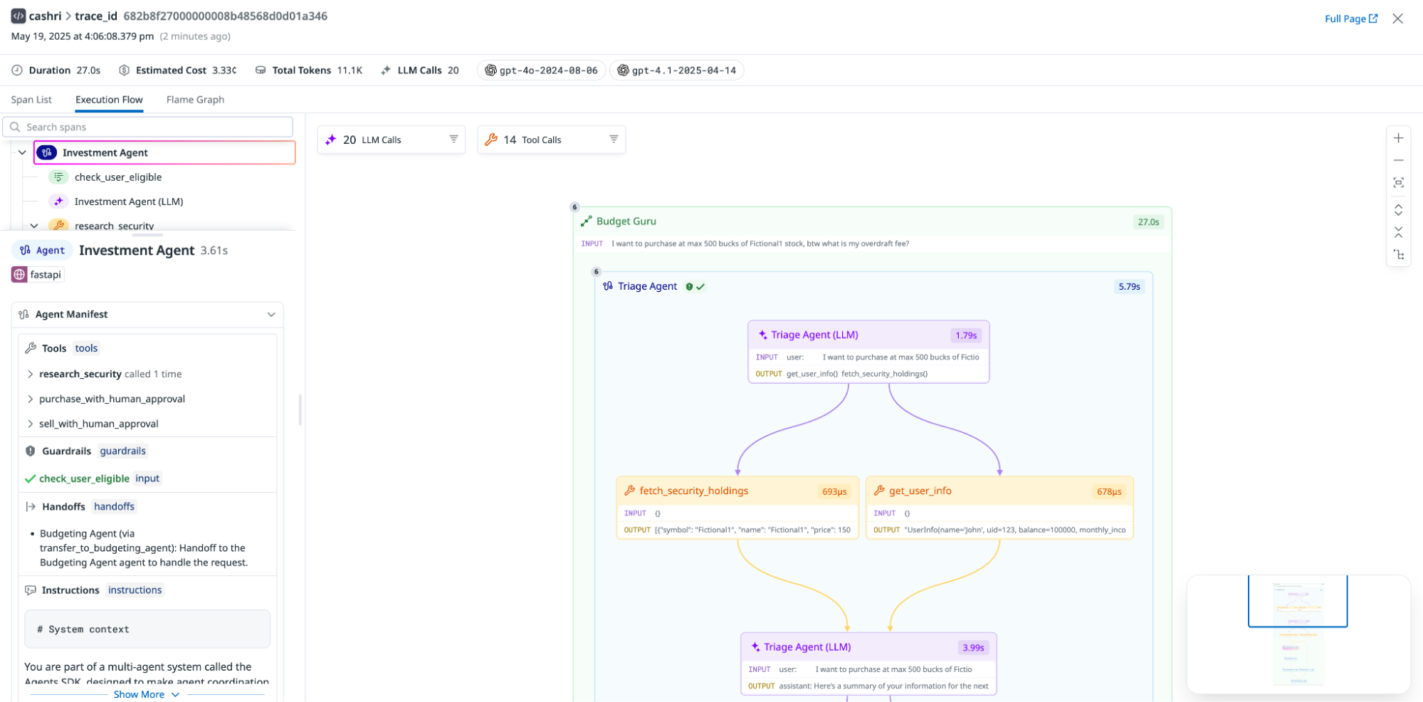 Datadog showing execution flow chart across AI agents