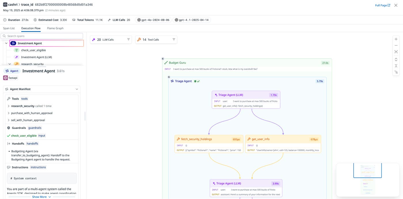 Datadog showing execution flow chart across AI agents Datadog showing execution flow chart across AI agents