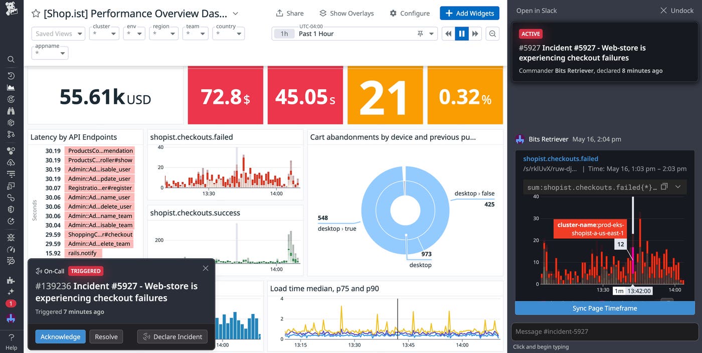 A handoff notification in the Datadog web app, as well as a highlighted graph in the incident workbench sidebar. A handoff notification in the Datadog web app, as well as a highlighted graph in the incident workbench sidebar.