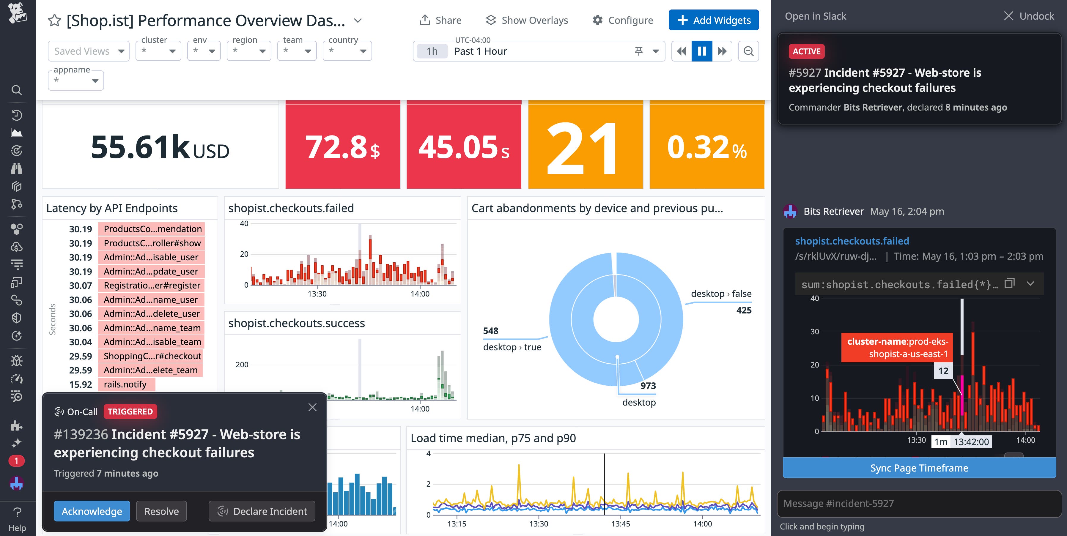 A handoff notification in the Datadog web app, as well as a highlighted graph in the incident workbench sidebar. A handoff notification in the Datadog web app, as well as a highlighted graph in the incident workbench sidebar.