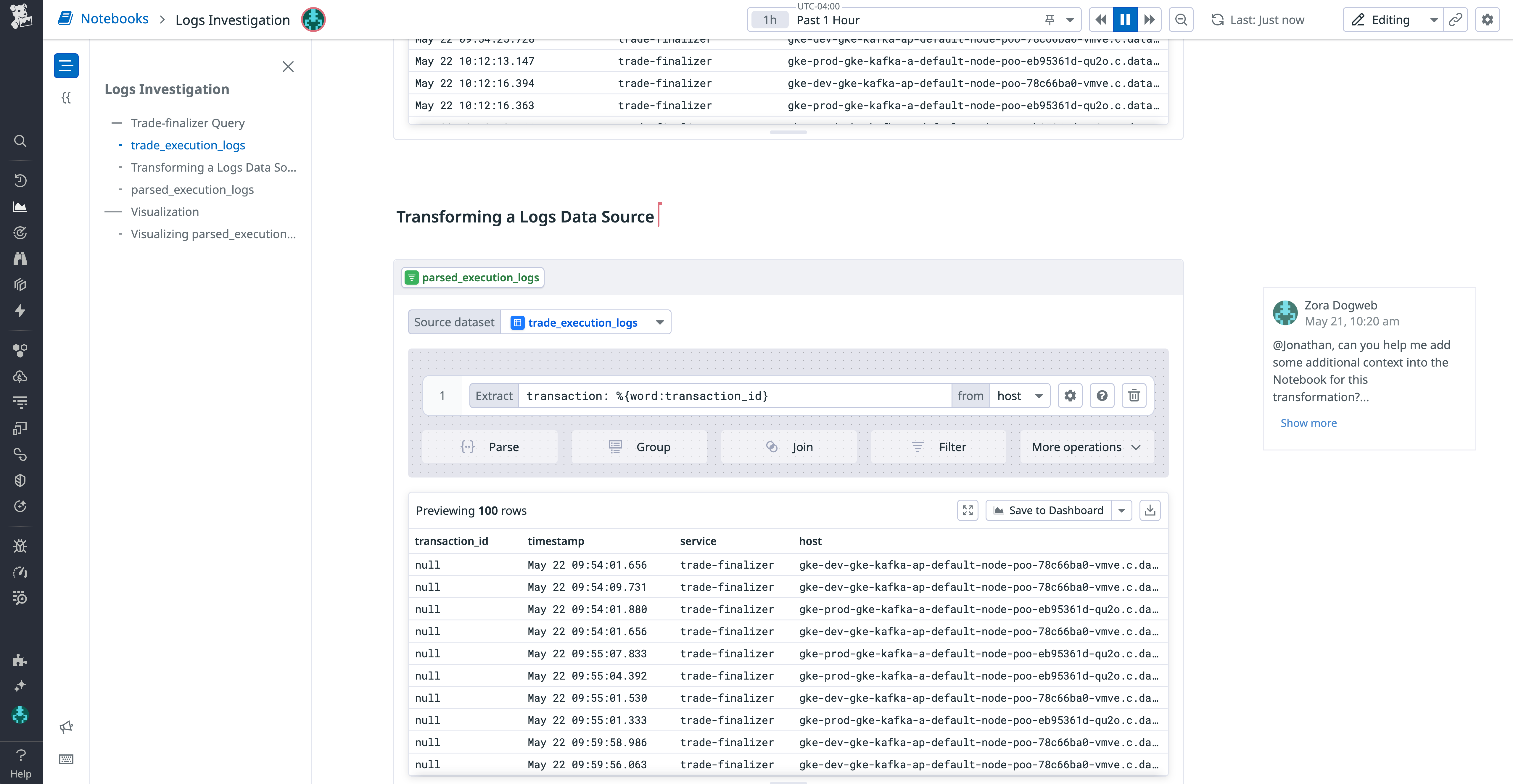 Datadog Notebooks displaying a log parsing workflow with extracted transaction ID and log preview.