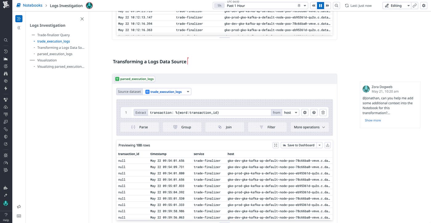 Datadog Notebooks displaying a log parsing workflow with extracted transaction ID and log preview. Datadog Notebooks displaying a log parsing workflow with extracted transaction ID and log preview.