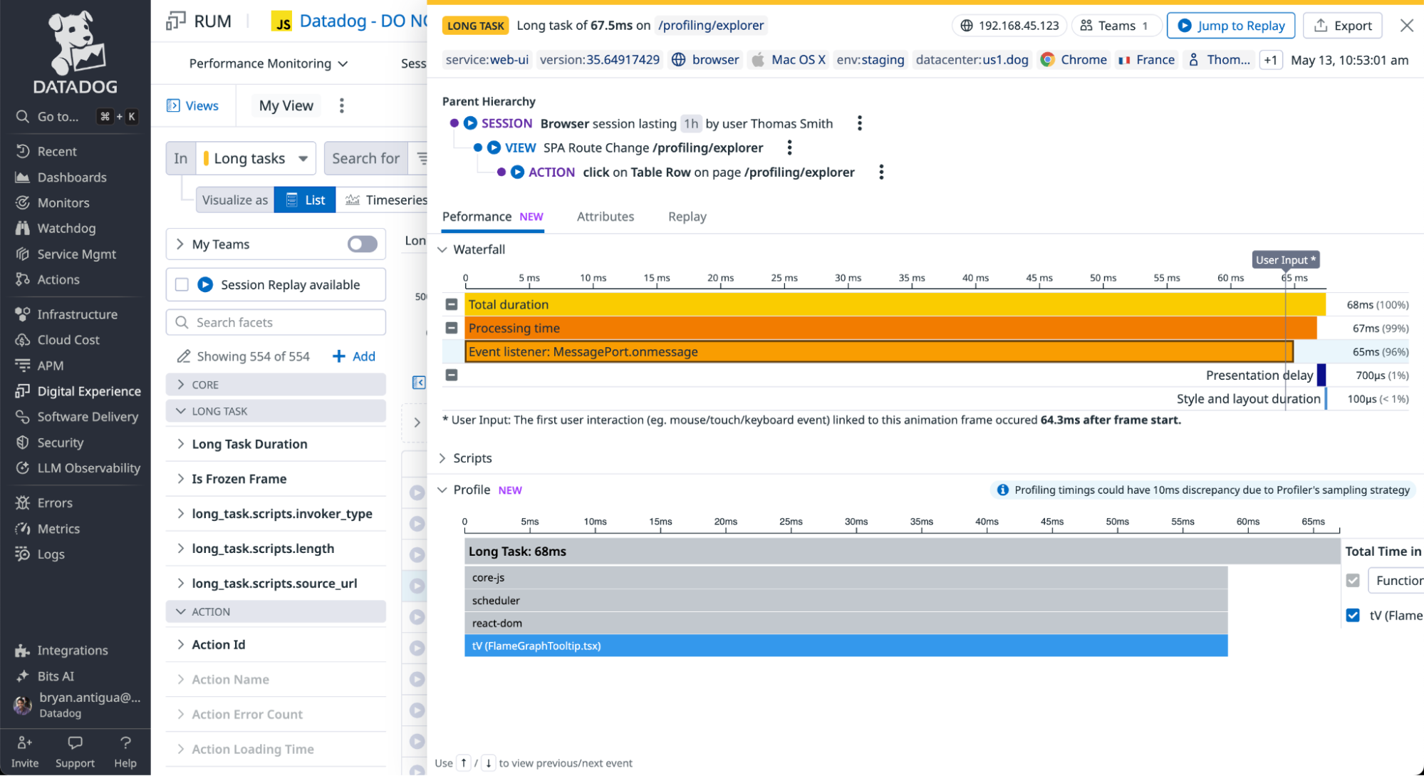 Browser Profiler showing RUM and profiling data in a combined view.