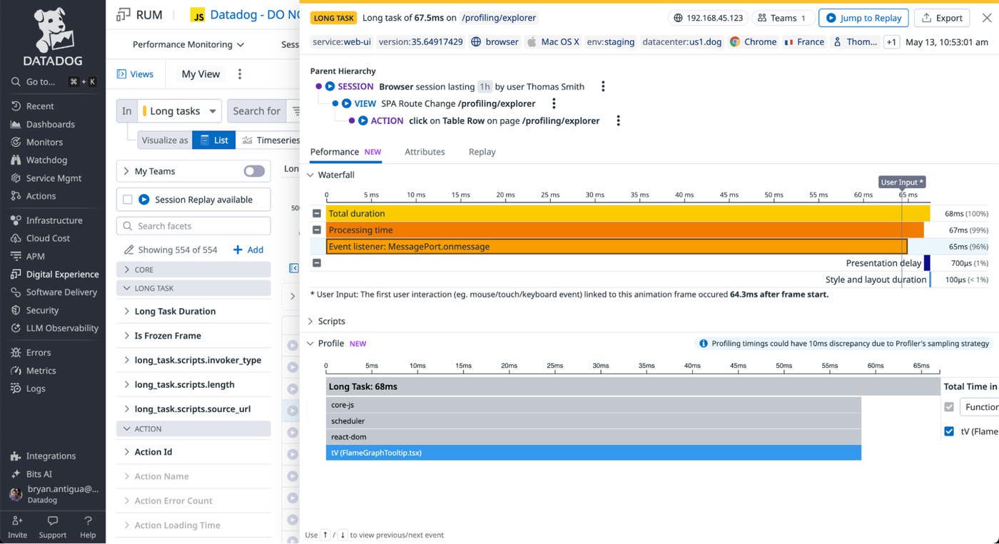 Browser Profiler showing RUM and profiling data in a combined view. Browser Profiler showing RUM and profiling data in a combined view.