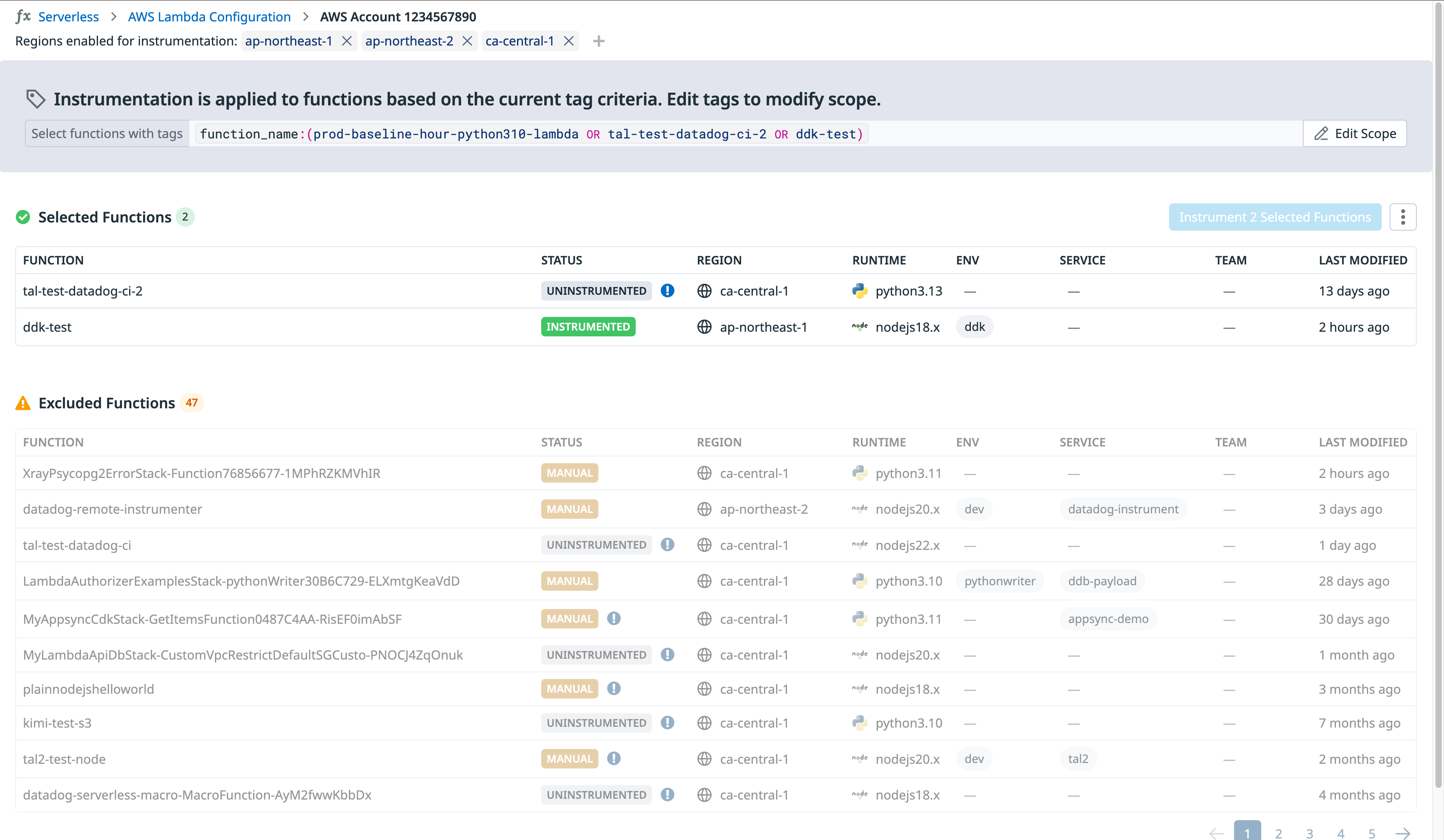 Datadog Lambda screen showing shopist-order-checker function as uninstrumented in us-east-1 with Python 3.12 runtime.