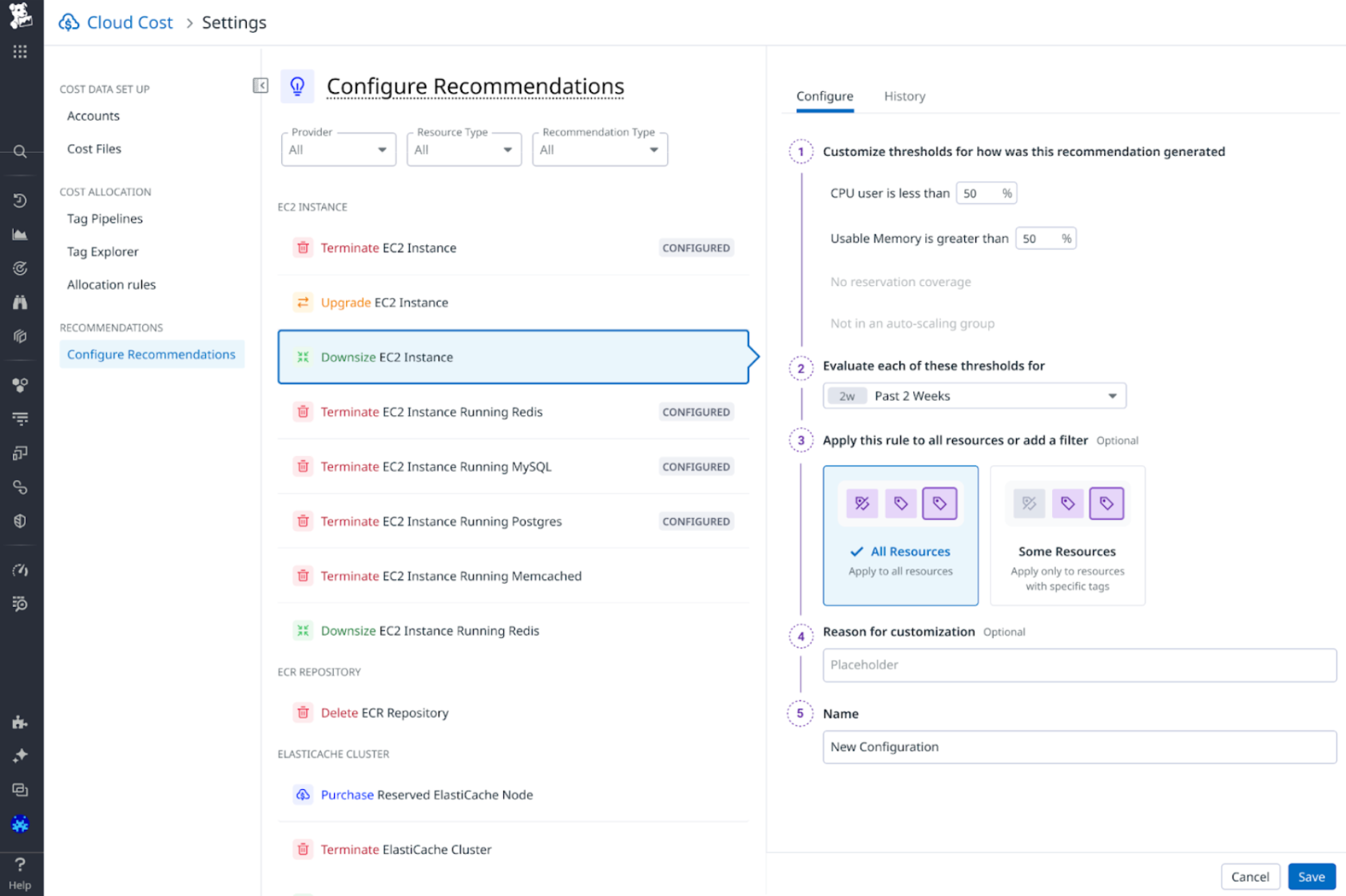 Create custom recommendations by configuring thresholds on resources and time frames in Datadog CCM