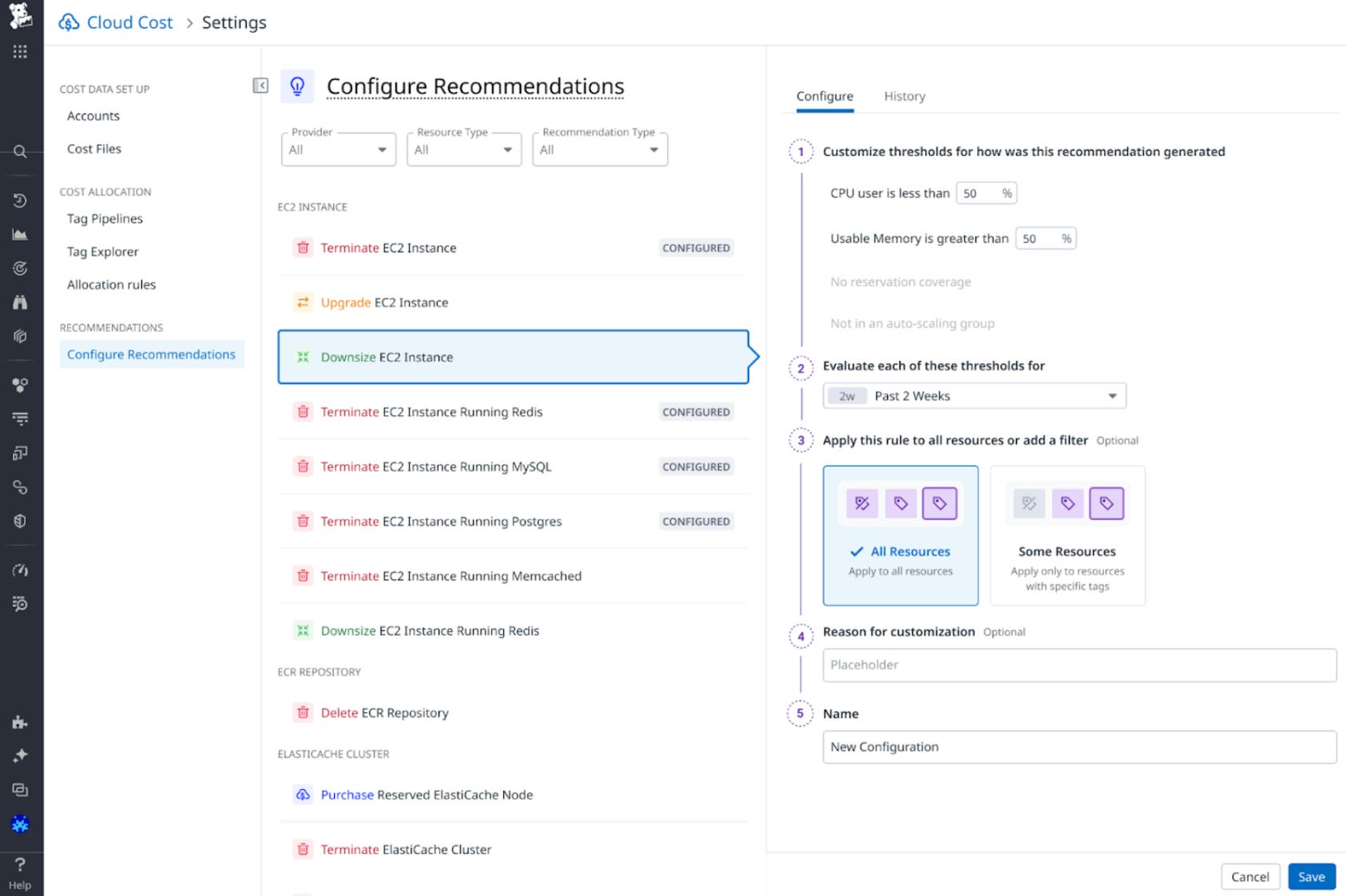 Create custom recommendations by configuring thresholds on resources and time frames in Datadog CCM Create custom recommendations by configuring thresholds on resources and time frames in Datadog CCM