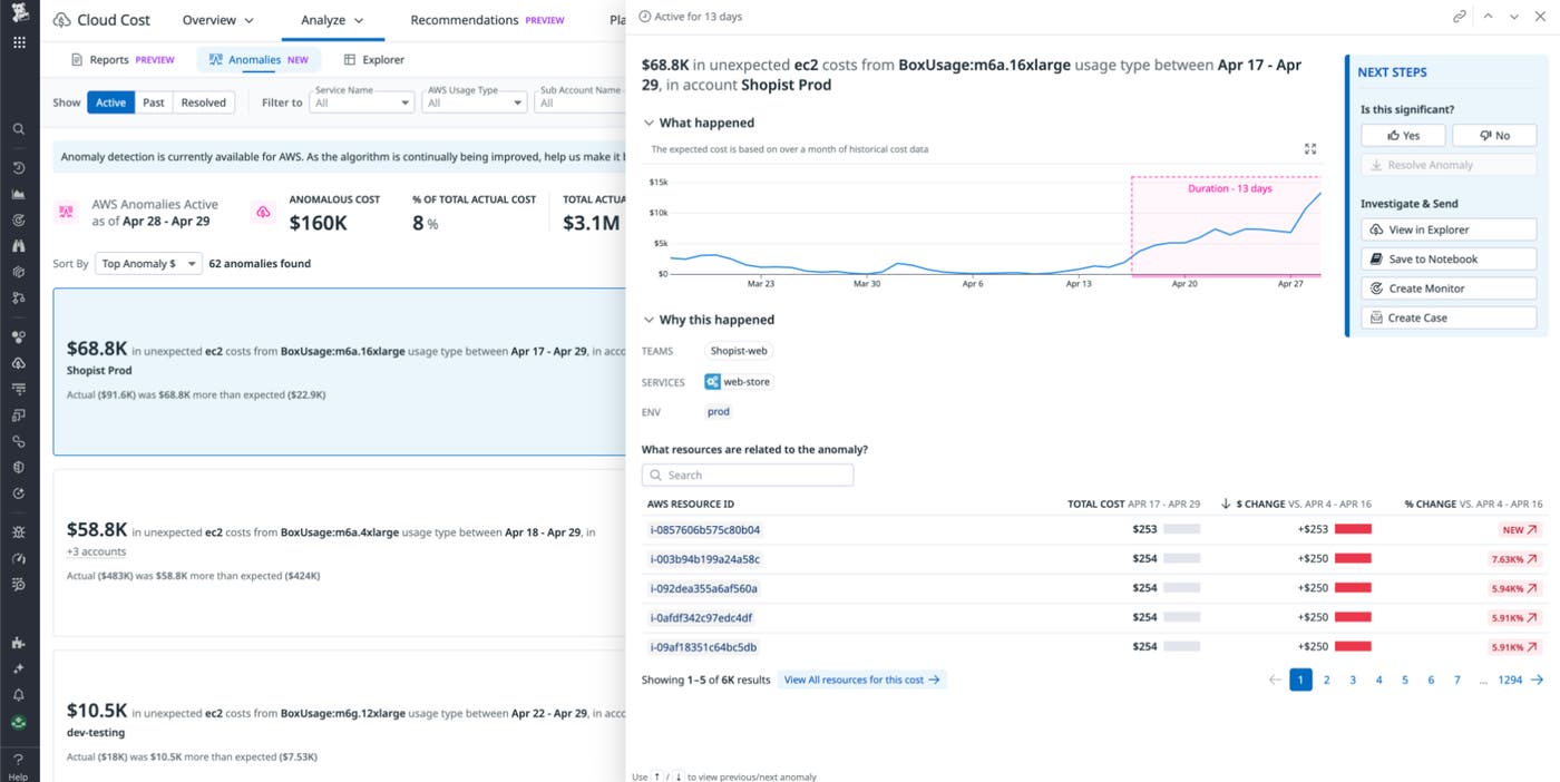 Cloud Cost Anomalies detail sidepanel shows an anomaly in ec2 spend. Cloud Cost Anomalies detail sidepanel shows an anomaly in ec2 spend.