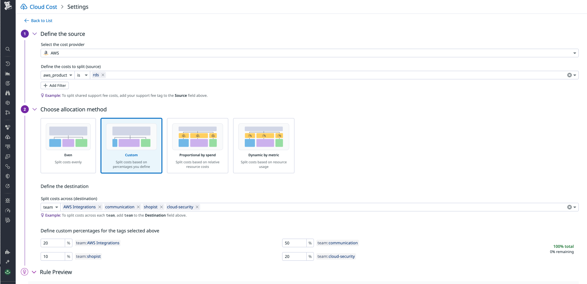 The Cloud Costs Settings screen shows the Custom allocation selected, enabling a percentage of cost allocations to be distributed among AWS Integrations, shopist, communications, and cloud security.