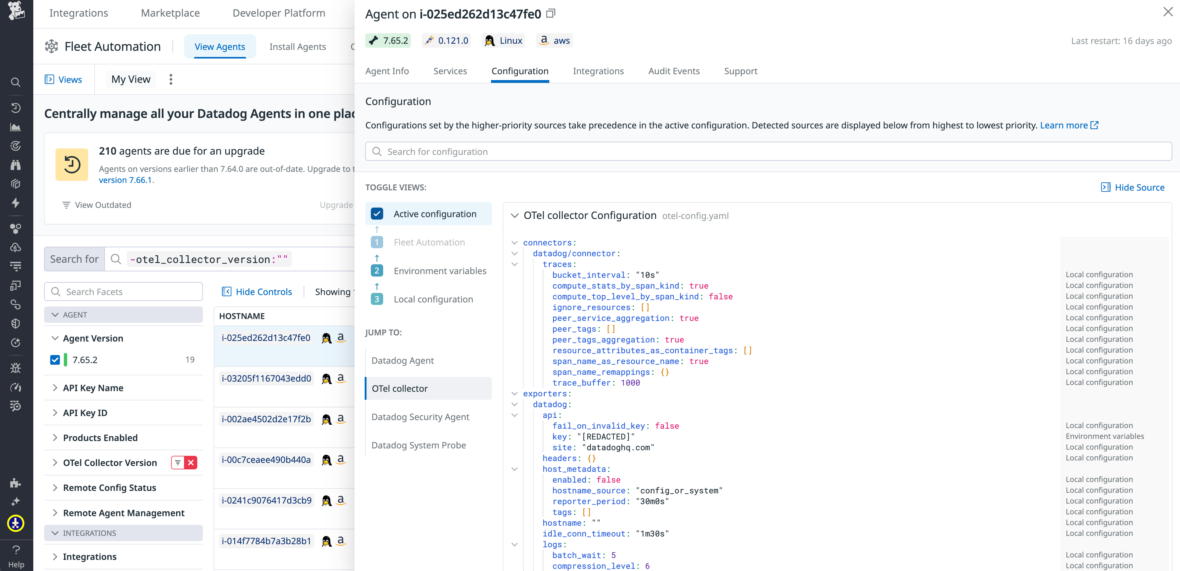 A Fleet Automation view showing the OTel Collector configuration settings of a specific Agent.