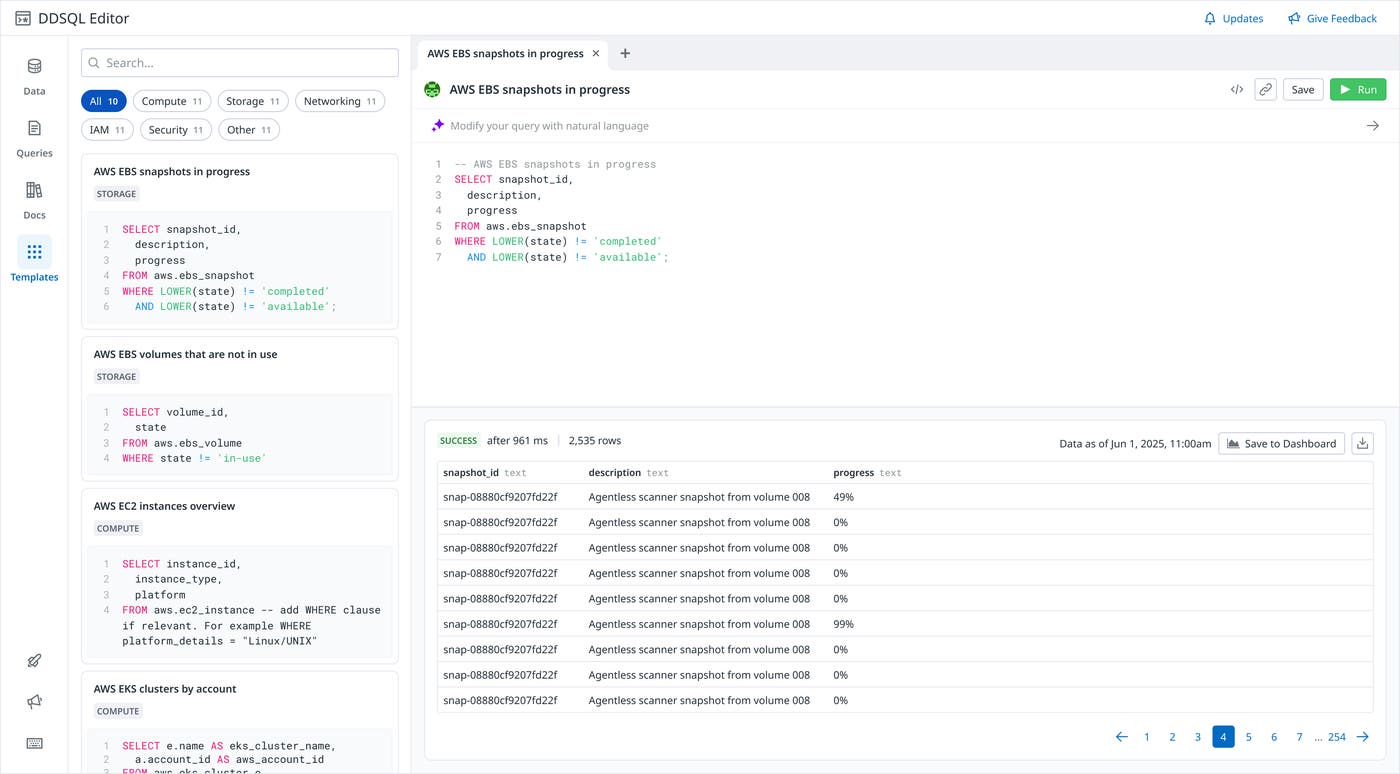Datadog SQL Editor showing an AWS EBS snapshots query with filters on snapshot state and table of results. Datadog SQL Editor showing an AWS EBS snapshots query with filters on snapshot state and table of results.