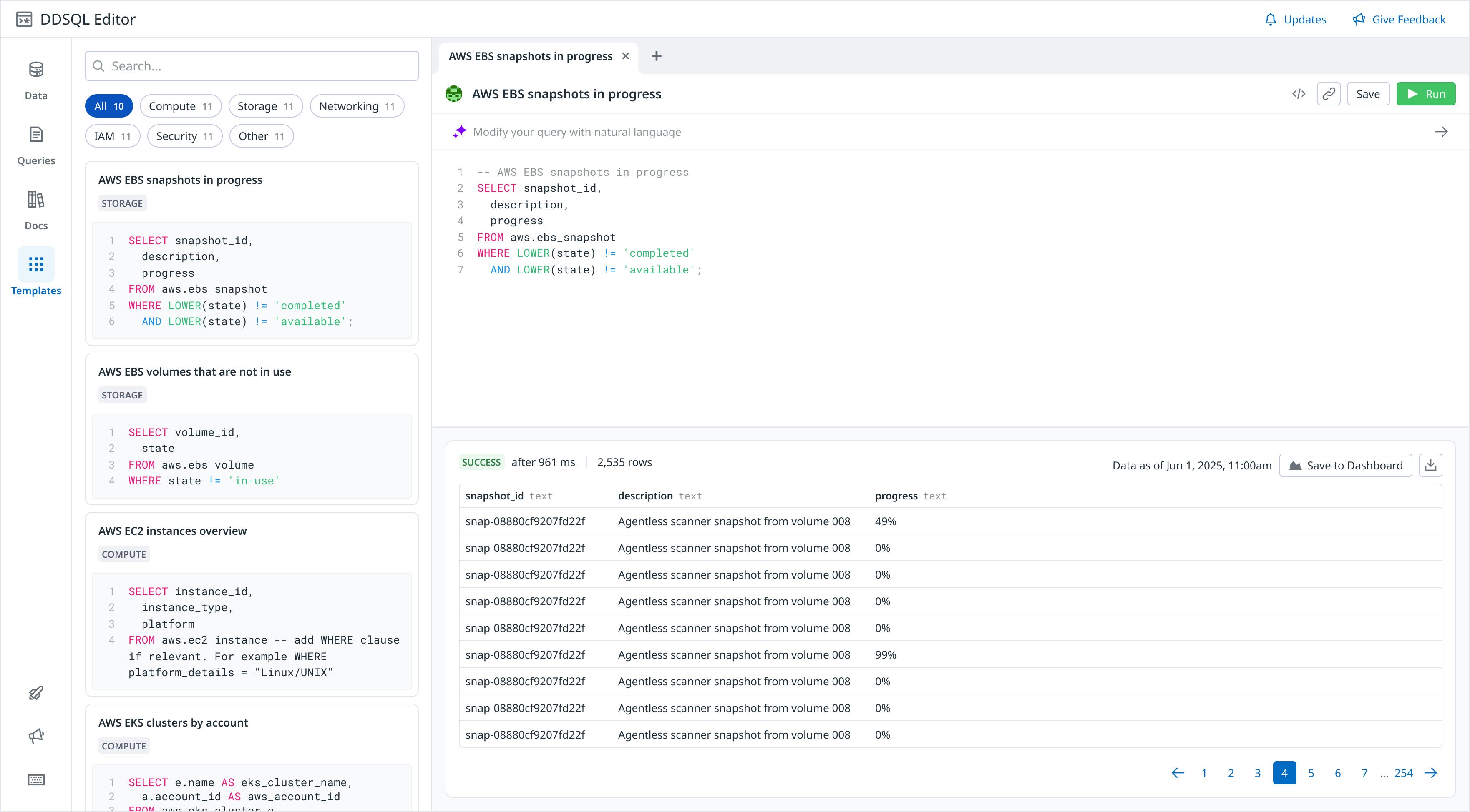 Datadog SQL Editor showing an AWS EBS snapshots query with filters on snapshot state and table of results. Datadog SQL Editor showing an AWS EBS snapshots query with filters on snapshot state and table of results.