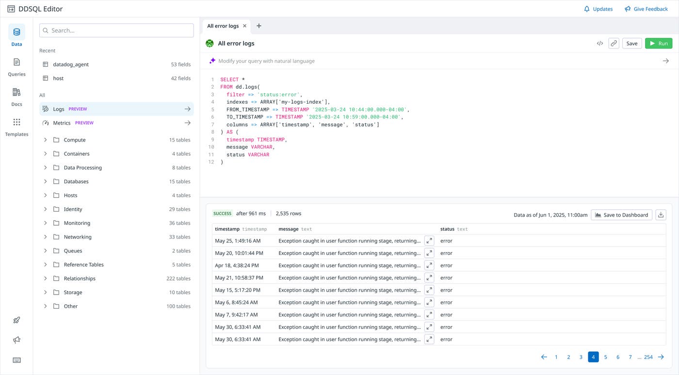 Datadog SQL Editor with a logs query filtering for errors and previewing results from the specified time range. Datadog SQL Editor with a logs query filtering for errors and previewing results from the specified time range.
