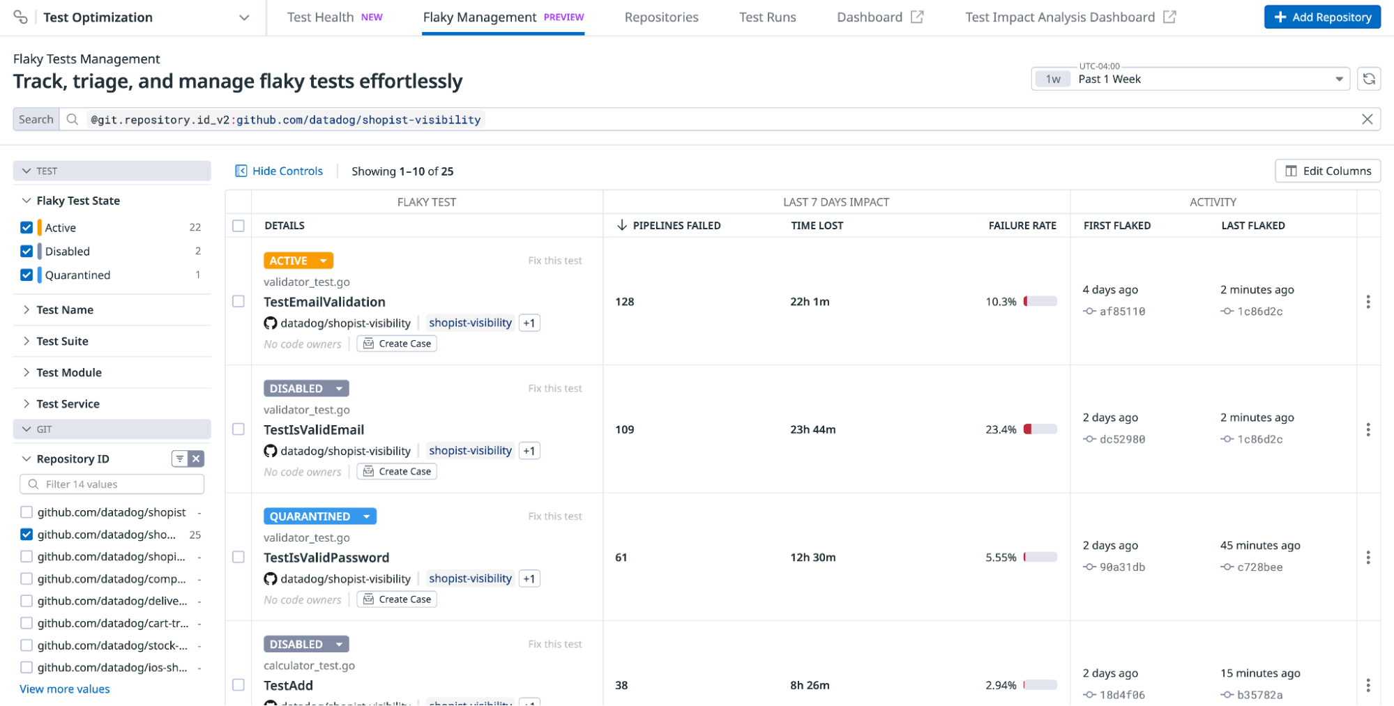 Centralized flaky test management in Datadog.