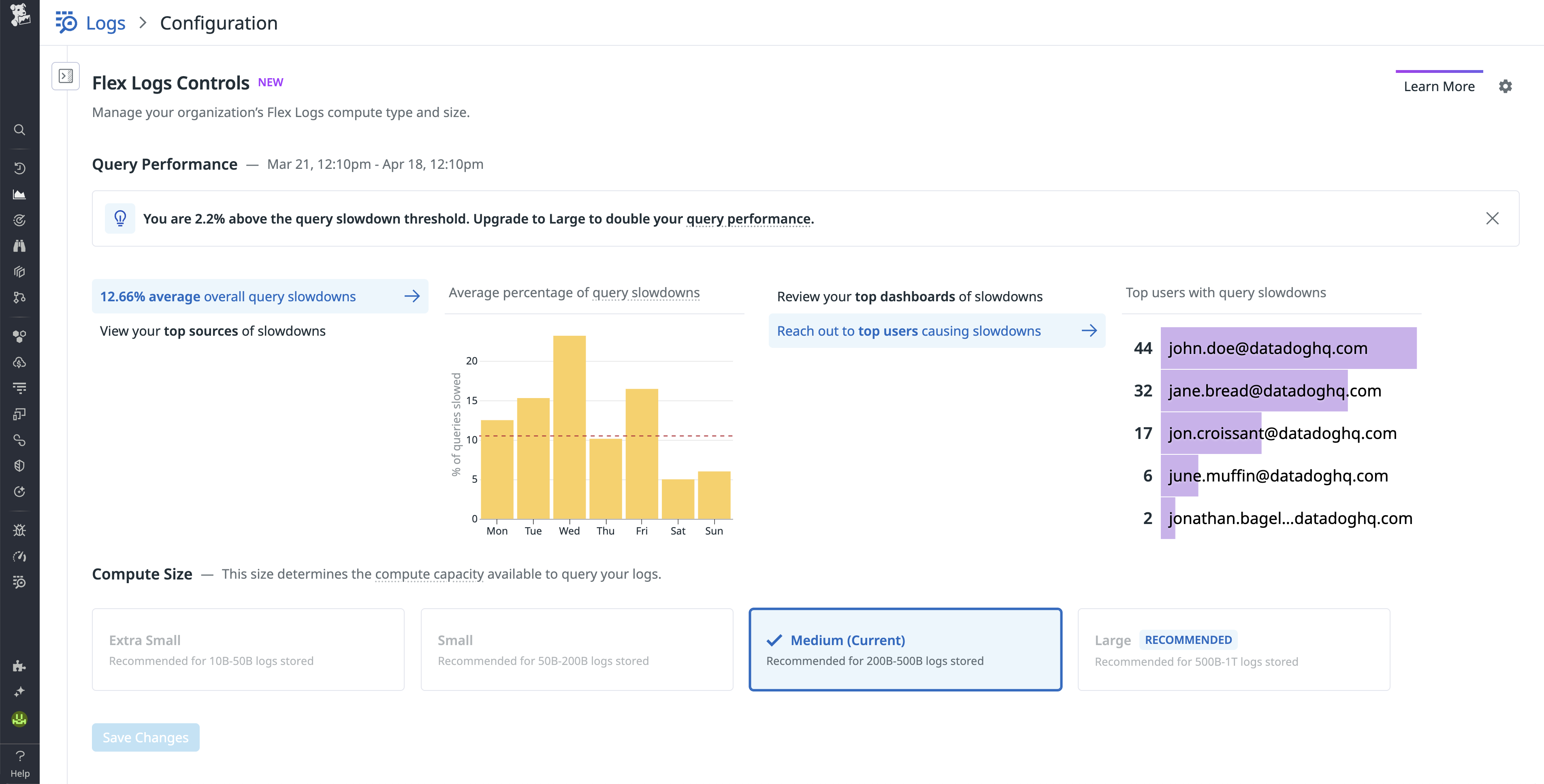 Flex Logs Controls page showing query slowdown chart, top users list, and recommendation to upgrade compute size.
