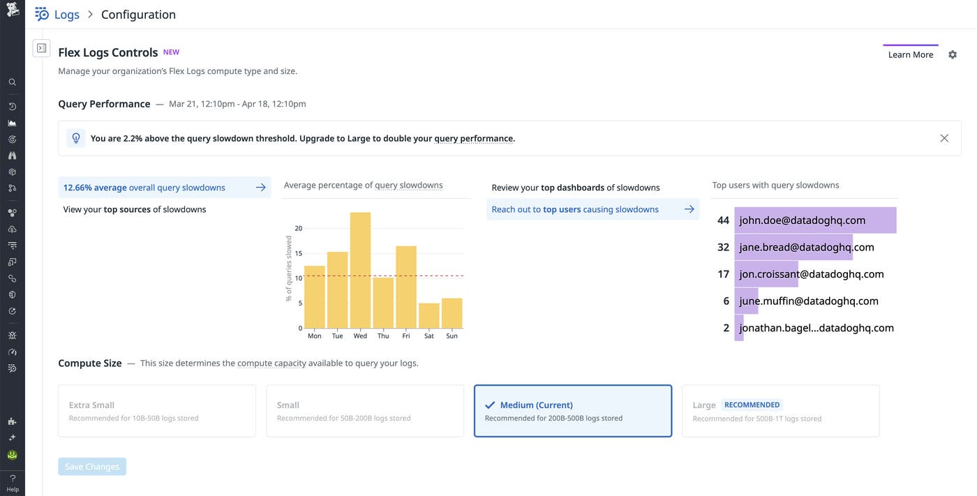 Flex Logs Controls page showing query slowdown chart, top users list, and recommendation to upgrade compute size. Flex Logs Controls page showing query slowdown chart, top users list, and recommendation to upgrade compute size.